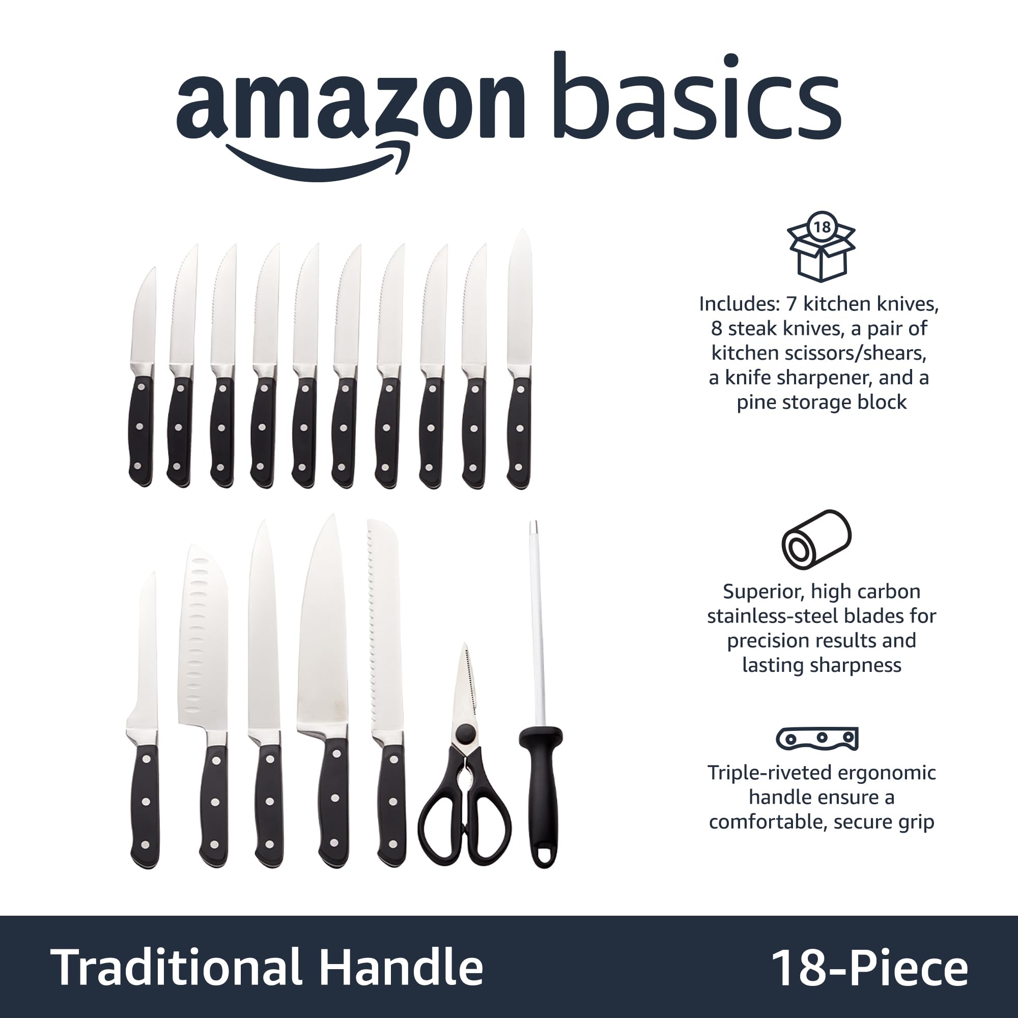Foto 2 | Juego De Bloques De Cuchillos Amazon Basics De Acero Inoxidable De Primera Calidad, 18 Piezas - Venta Internacional.