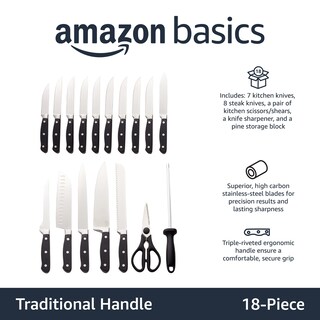 Foto 2 | Juego De Bloques De Cuchillos Amazon Basics De Acero Inoxidable De Primera Calidad, 18 Piezas - Venta Internacional.
