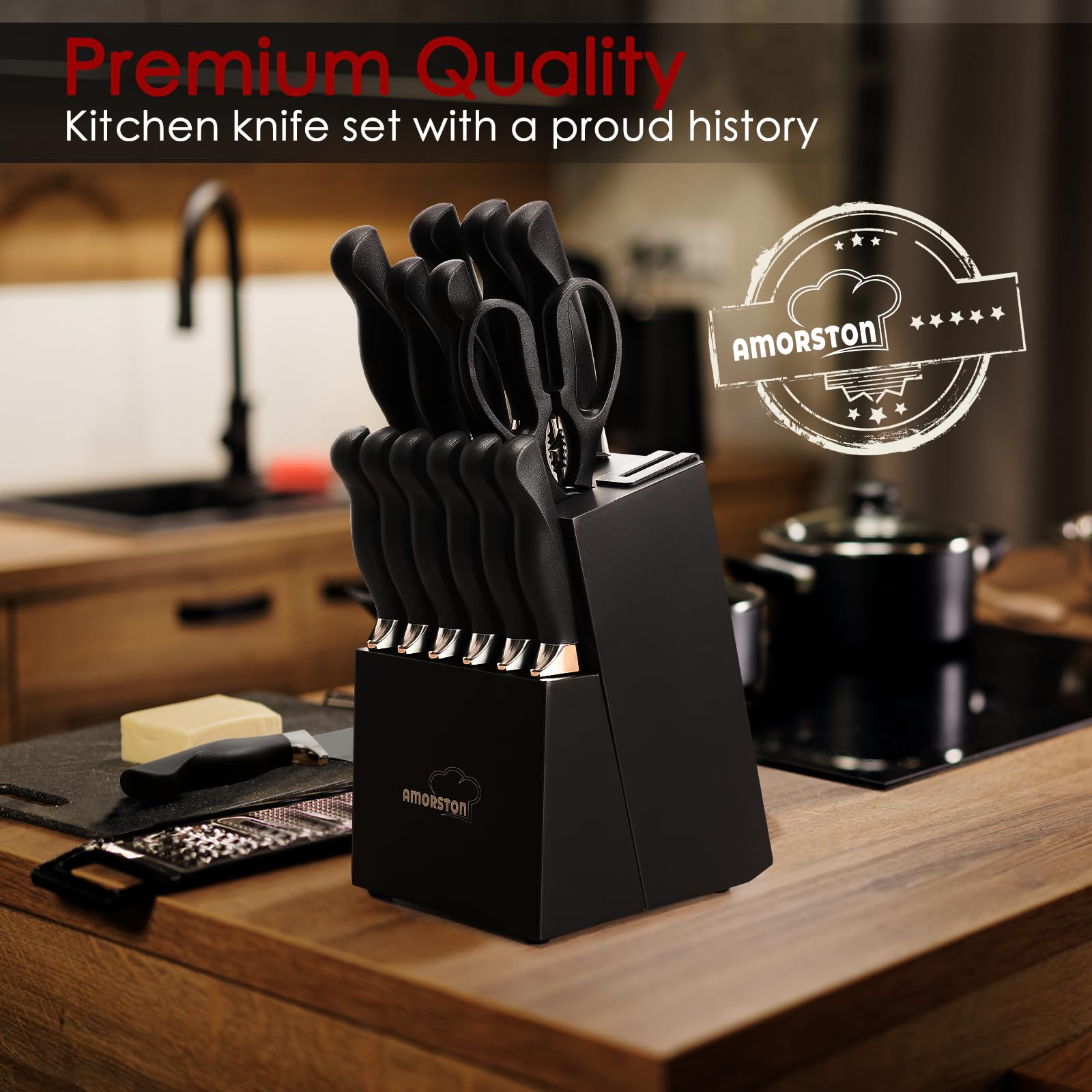 Foto 4 pulgar | Juego De Cuchillos Amorston 15 Piezas Con Bloque De Acero Inoxidable Alemán - Venta Internacional.