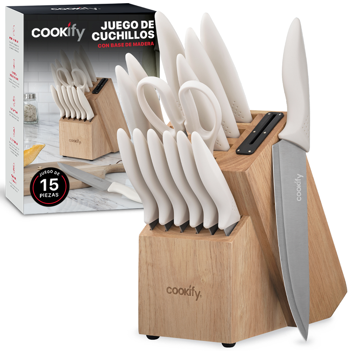 Foto 2 pulgar | Juego De Cuchillos Cookify Acero Inoxidable  Marfil  Base De Madera Con Afilador  15 Piezas