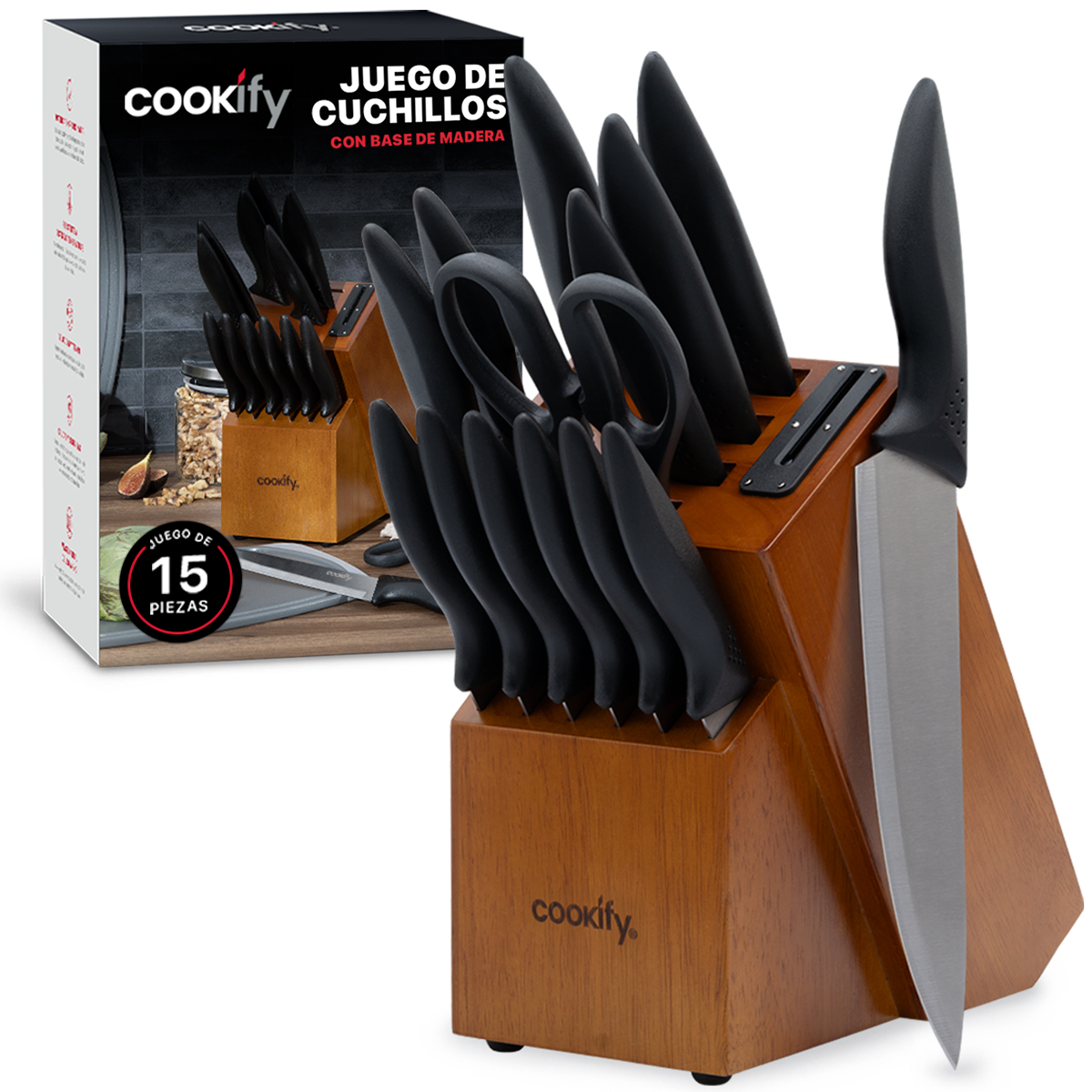 Foto 1 | Juego De Cuchillos Cookify Acero Inoxidable  Negro  Base De Madera Con Afilador  15 Piezas