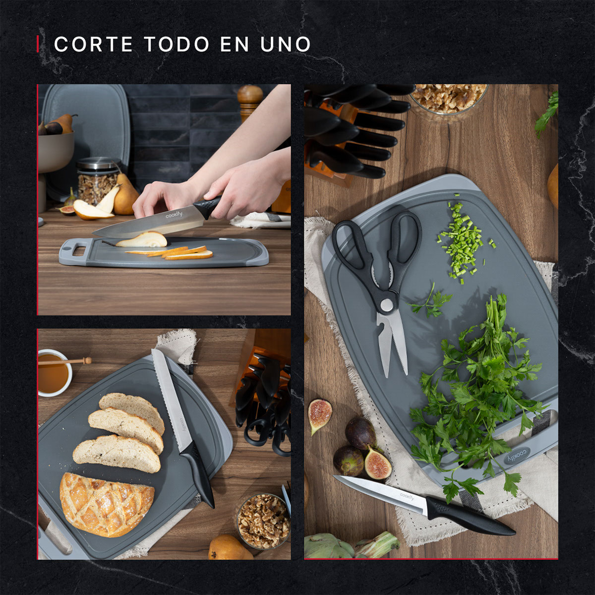 Foto 6 pulgar | Juego De Cuchillos Cookify Acero Inoxidable  Negro  Base De Madera Con Afilador  15 Piezas