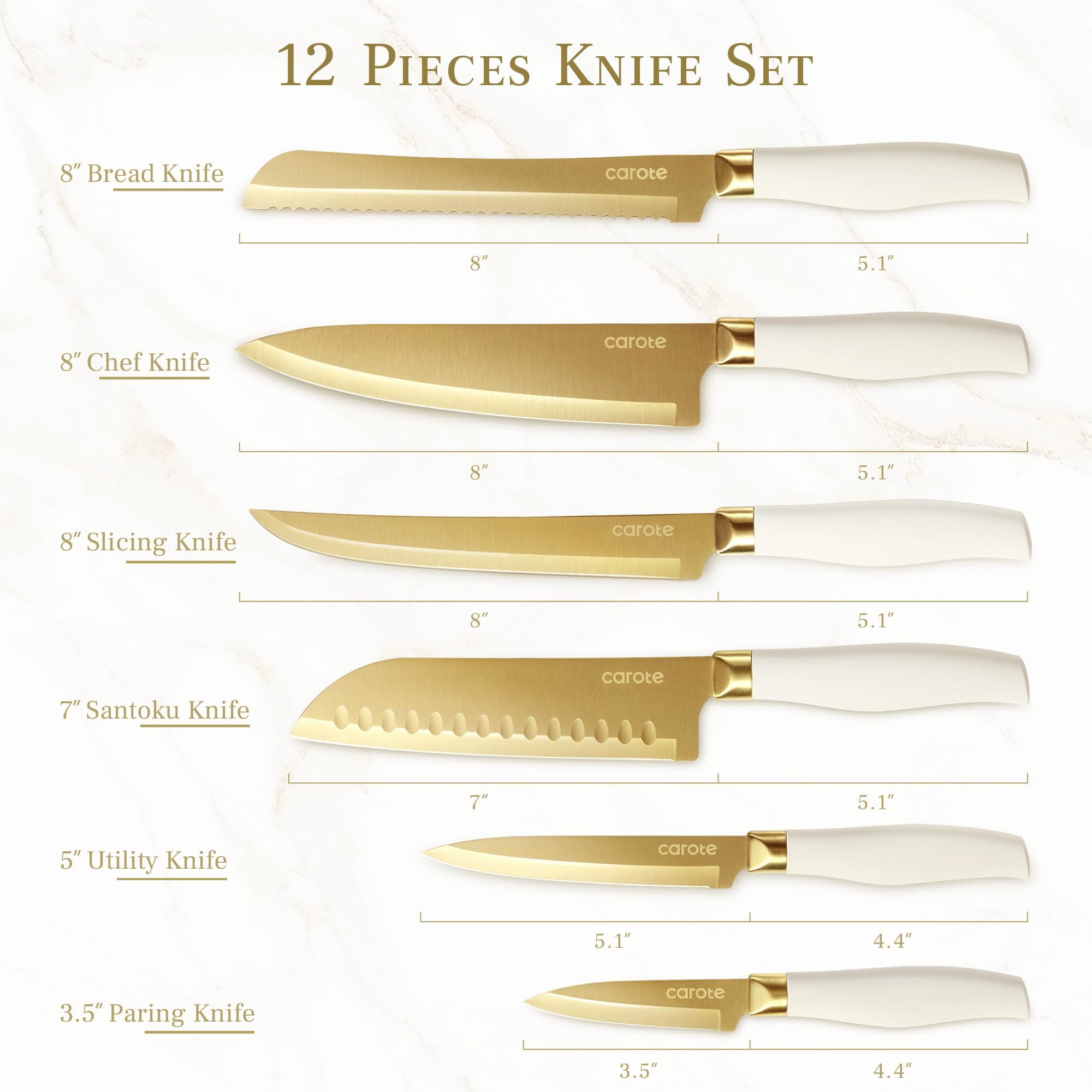 Foto 2 | Juego De Cuchillos De Cocina Carote Healthy Gold Titanium 12 Piezas - Venta Internacional.