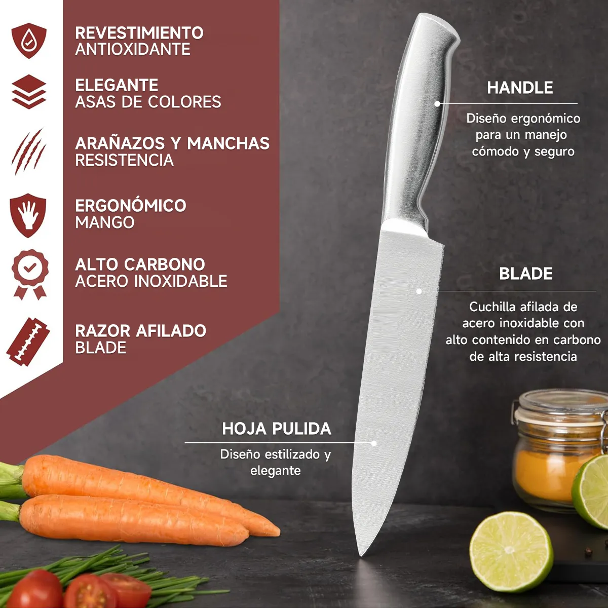 Foto 3 pulgar | Juego De Cuchillos De Cocina 8 Piezas Con Base Eo Safe Imports Esi-20705 Plata