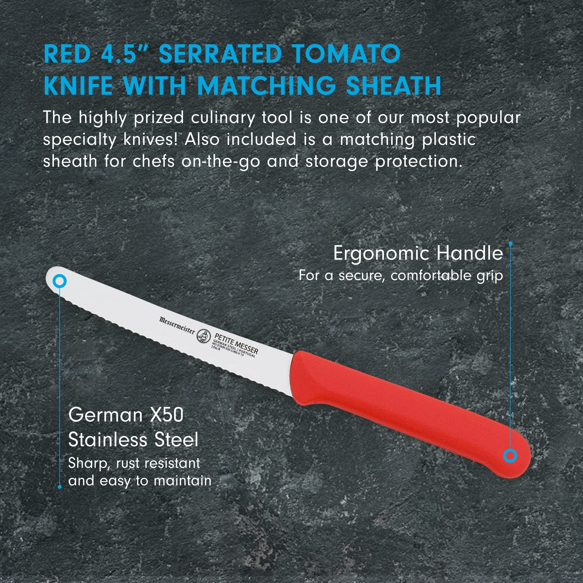 Foto 3 pulgar | Cuchillo Para Tomates Messermeister Rojo De 11 5 Cm Con Funda De Acero Alemán - Venta Internacional.