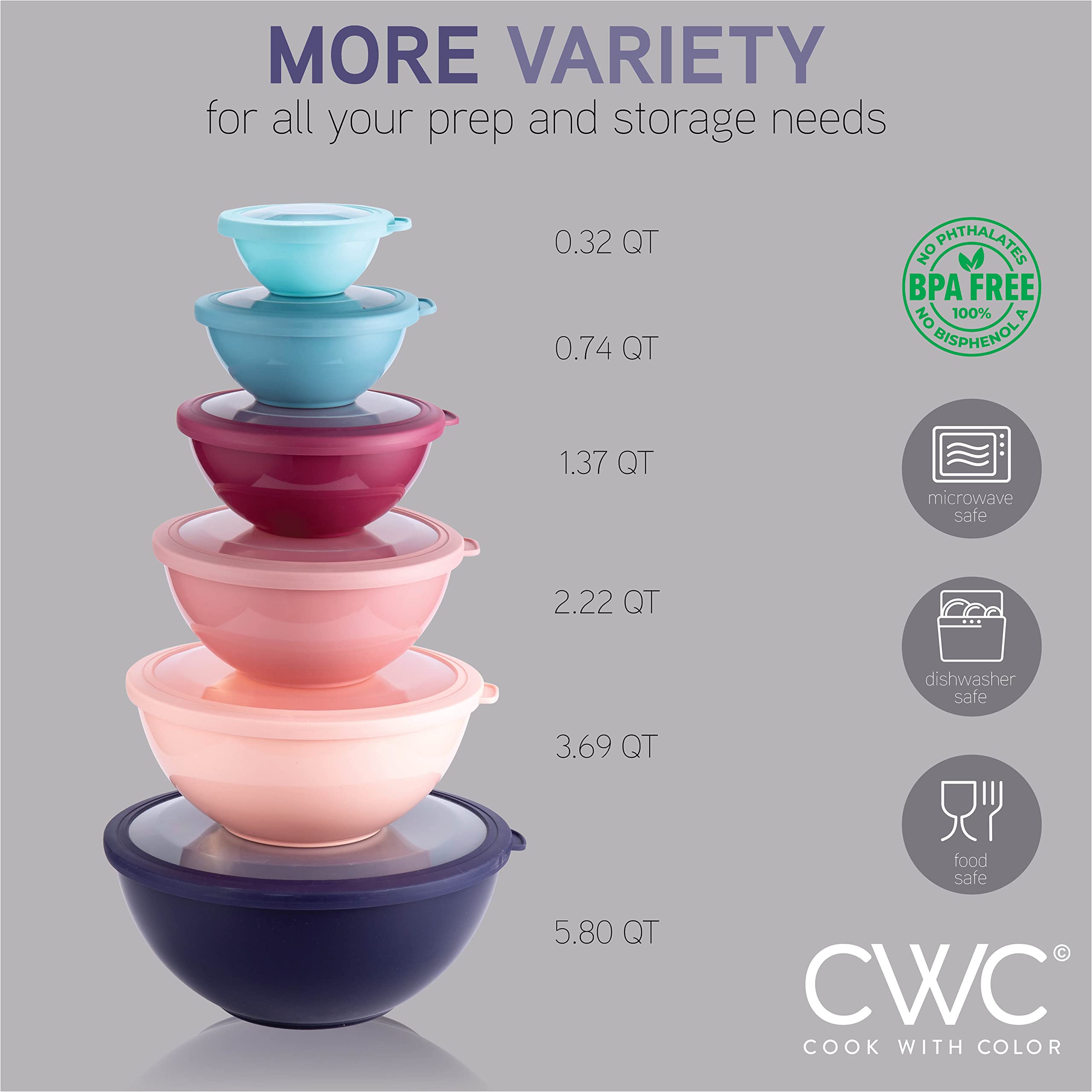 Foto 4 | Juego De 12 Tazones De Plástico Con Tapas Para Mezclar, Cook With Color - Venta Internacional.