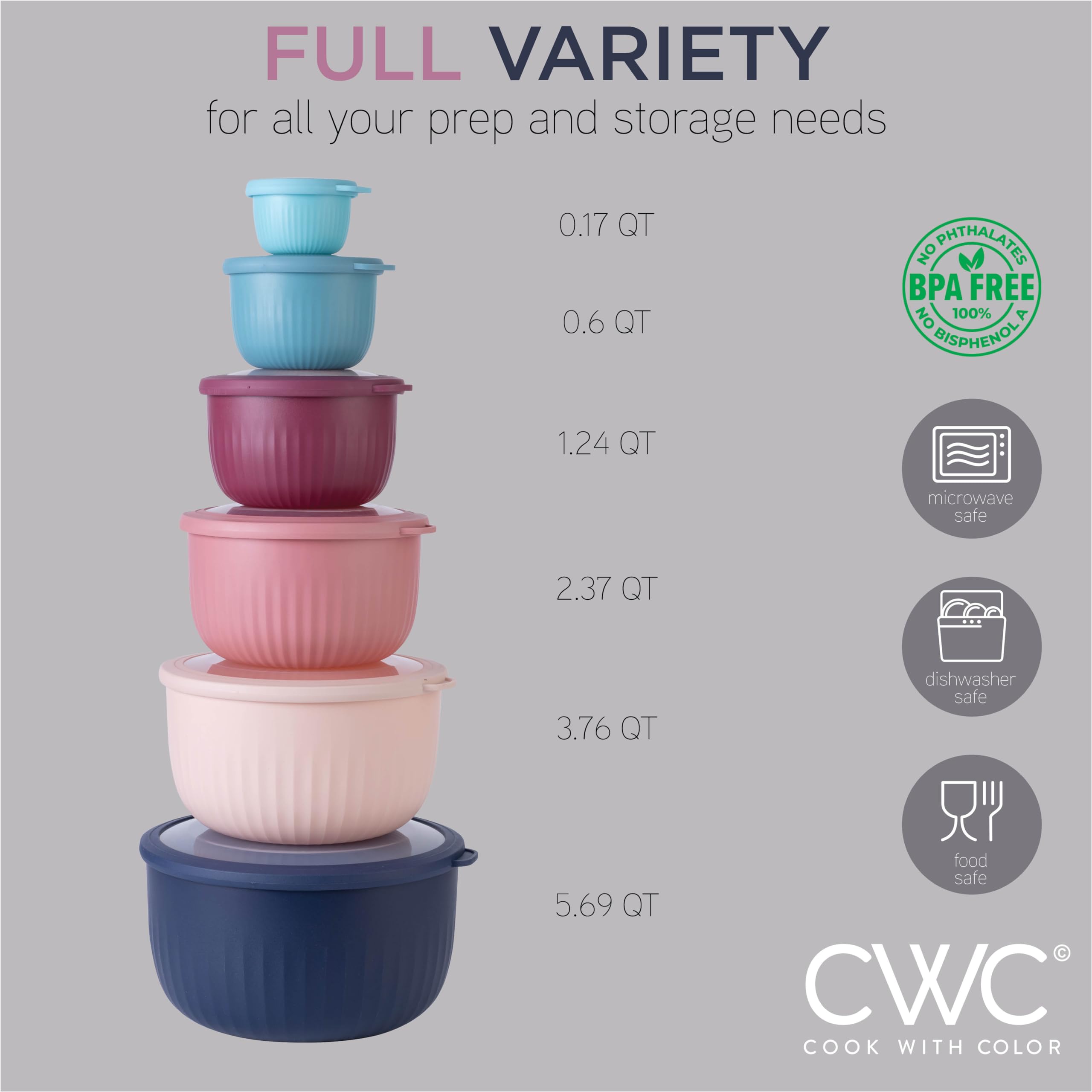 Foto 3 | Set De Cuencos Prep Cook With Color Para Mezclar Profundamente Con Tapas, 12 Unidades - Venta Internacional.