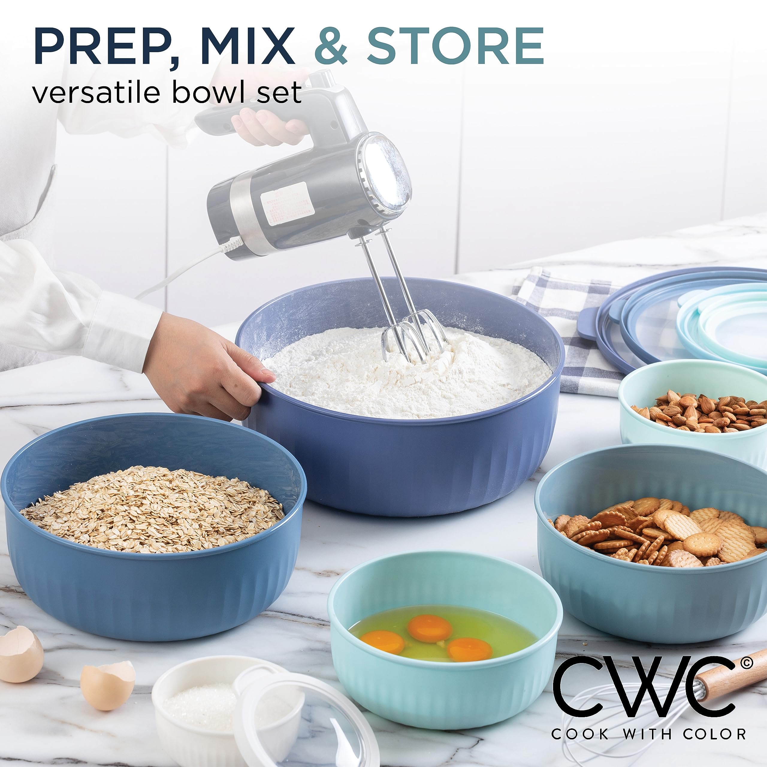 Foto 6 | Set De Cuencos Anchos Para Mezclar Prep Bowls Cook With Color Con Tapas Azules - Venta Internacional.