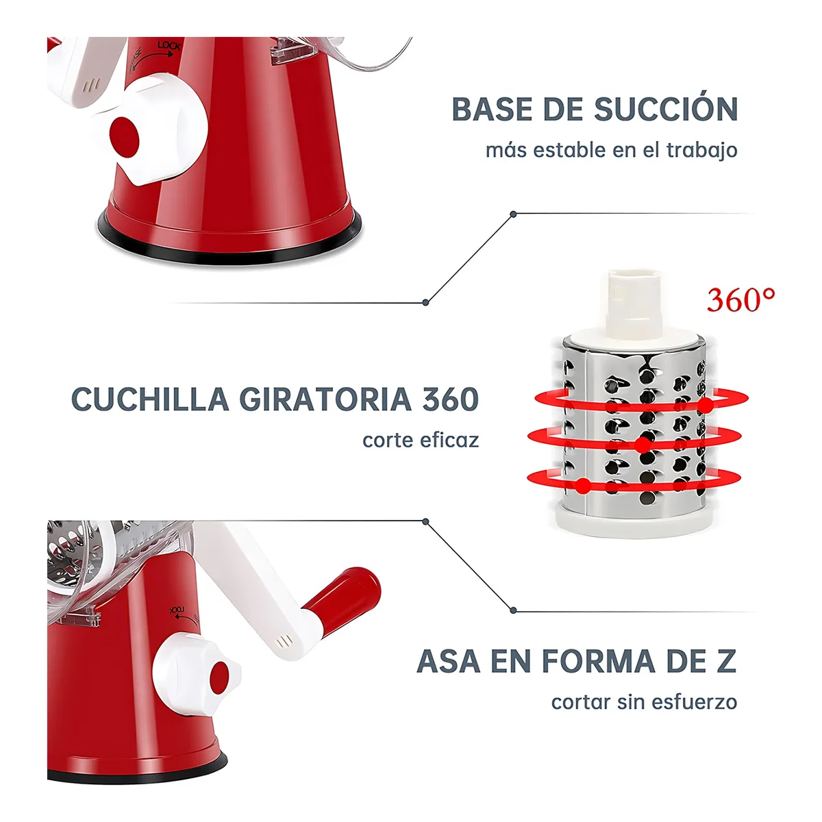 Foto 4 pulgar | Rallador Cortador Manual De Quesos Verduras 3 En 1 Cabezales Eo Safe Imports Esi-20347rojo