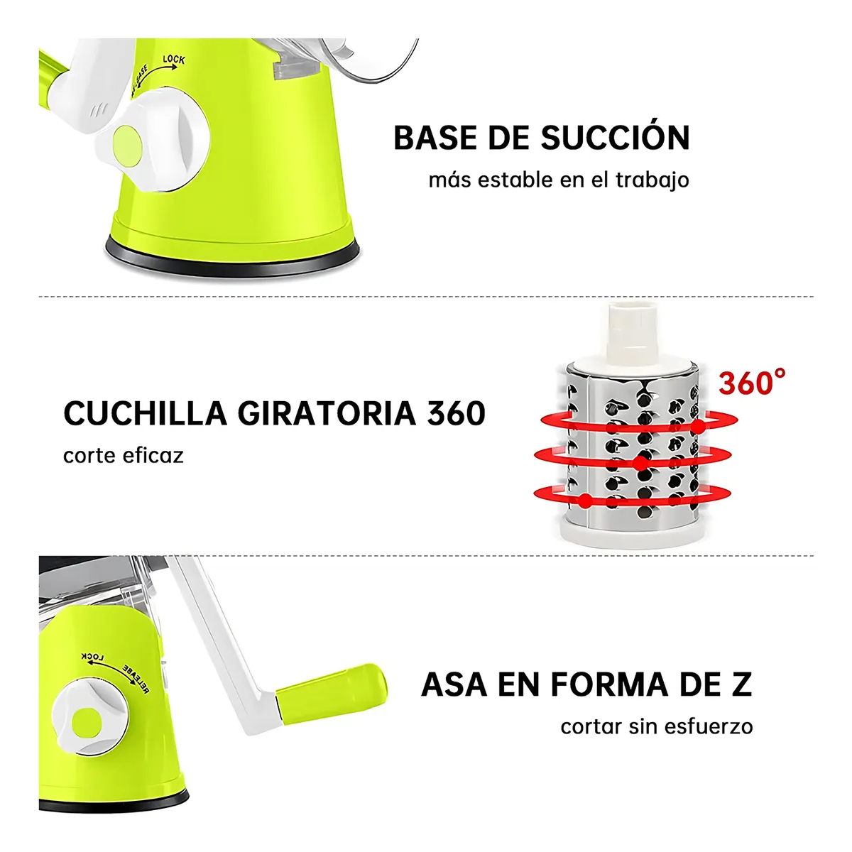 Foto 4 pulgar | Rallador Cortador Manual De Quesos Verduras 3 En 1 Cabezales  Eo Safe Imports Esi-20348 Verde