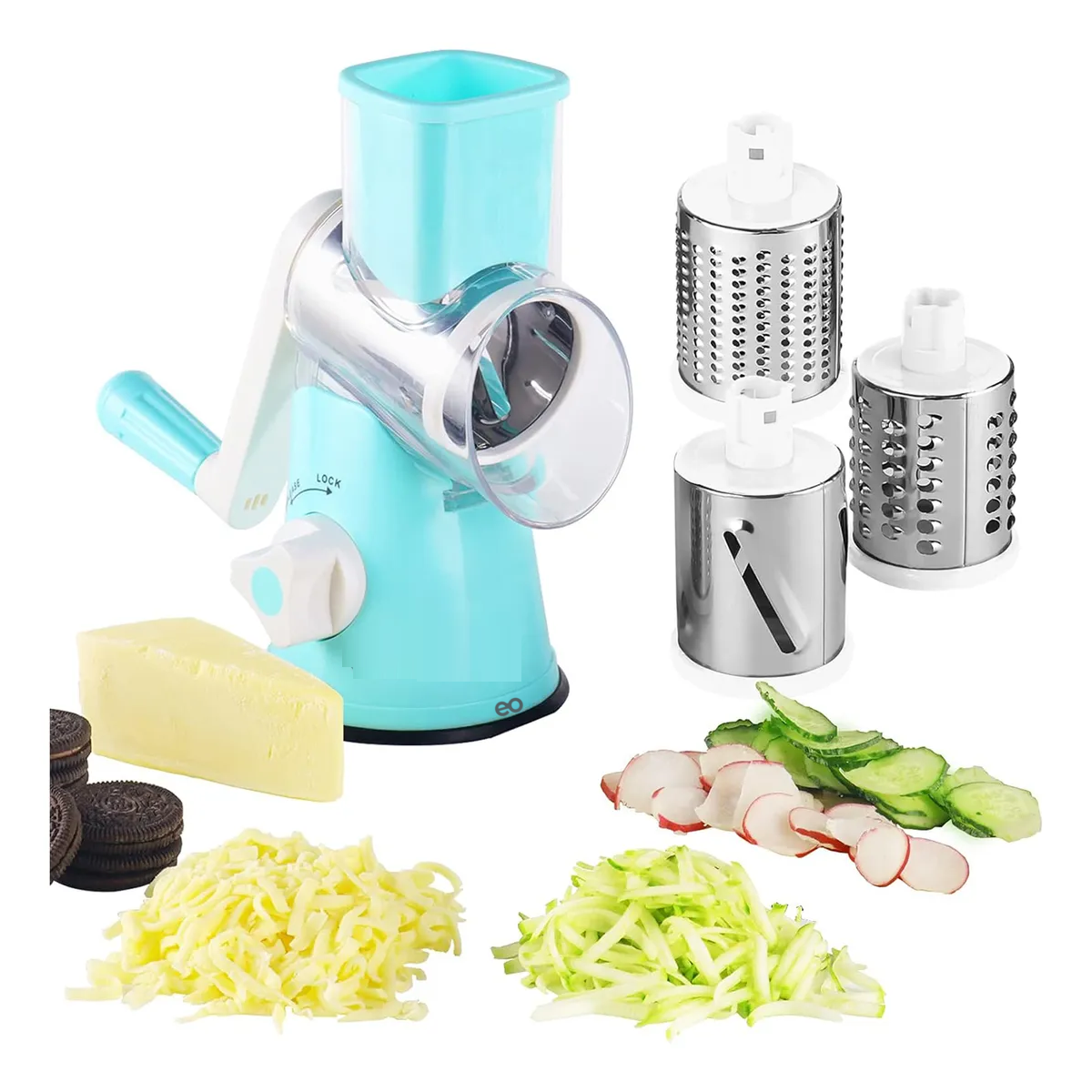 Foto 4 pulgar | Rallador Cortador Manual De Quesos Verduras 3 En 1 Cabezales  Eo Safe Imports Esi-20346 Azul
