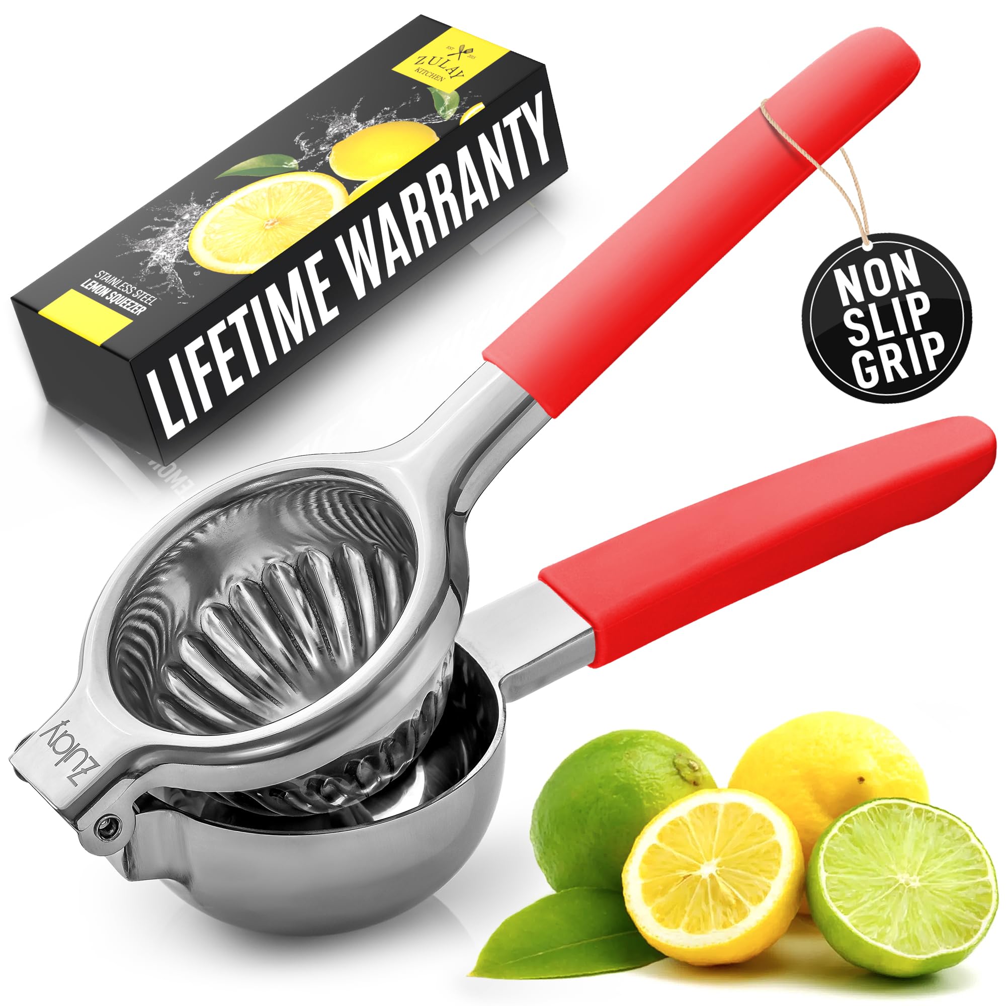 Exprimidor de Limón Zulay Kitchen de Acero Inoxidable con Asas de Silicona Roja - Venta Internacional