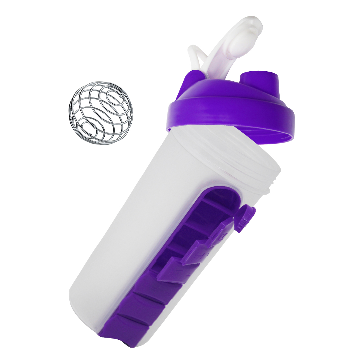 Vaso Shaker color Morado Pastillero Mezclador para Proteína Gym Portátil