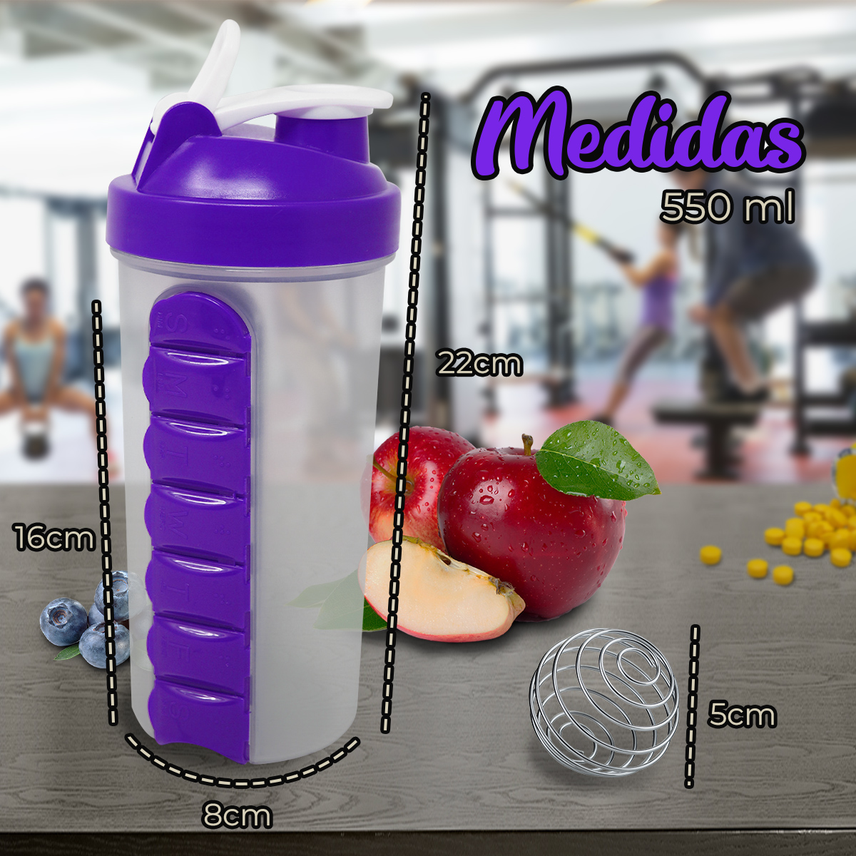 Foto 4 pulgar | Vaso Shaker color Morado Pastillero Mezclador para Proteína Gym Portátil