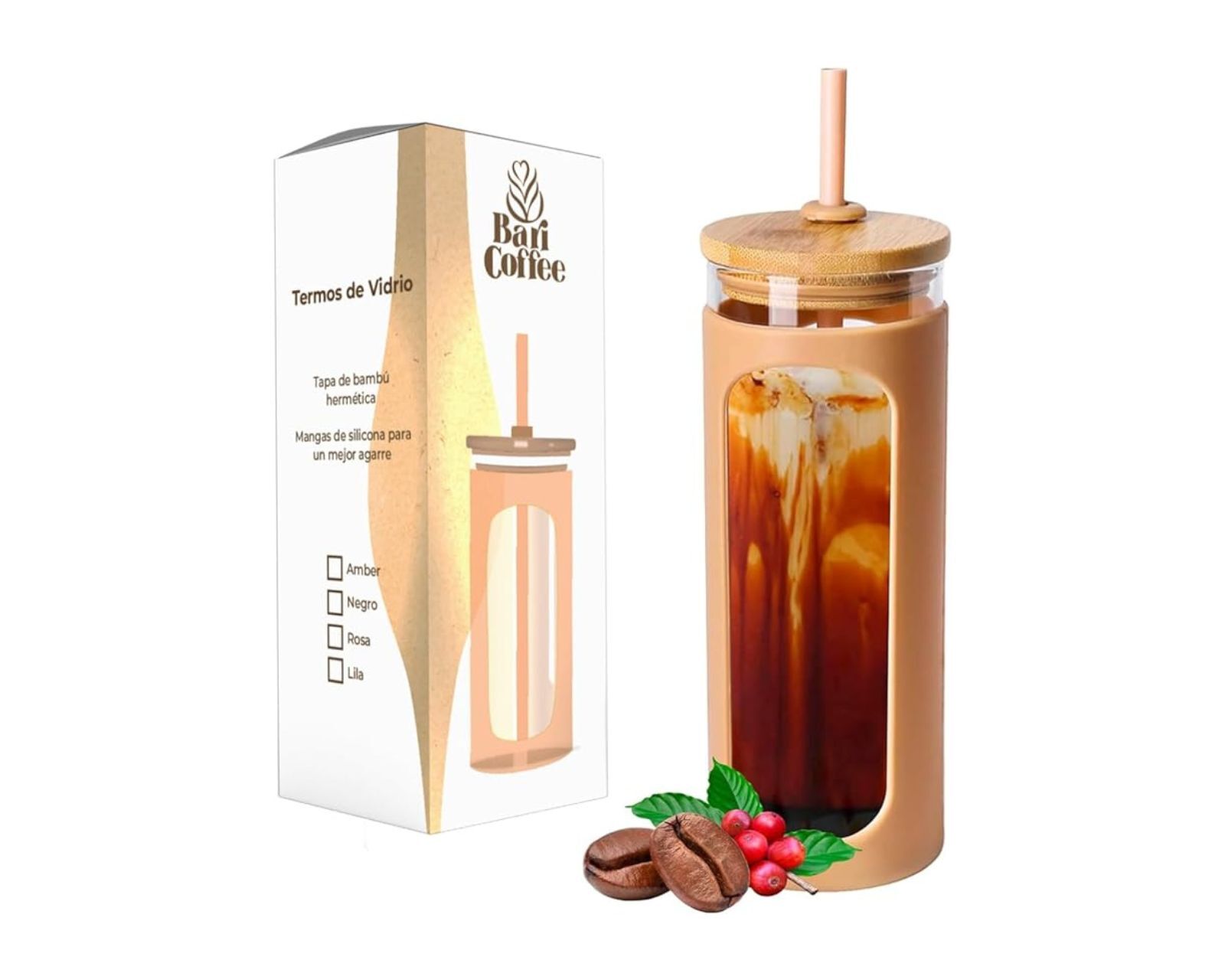 Baricoffee Termo Vaso Térmico De Vidrio Para Agua, Café, Caliente O Frío, Popote De Silicona, Funda Protector