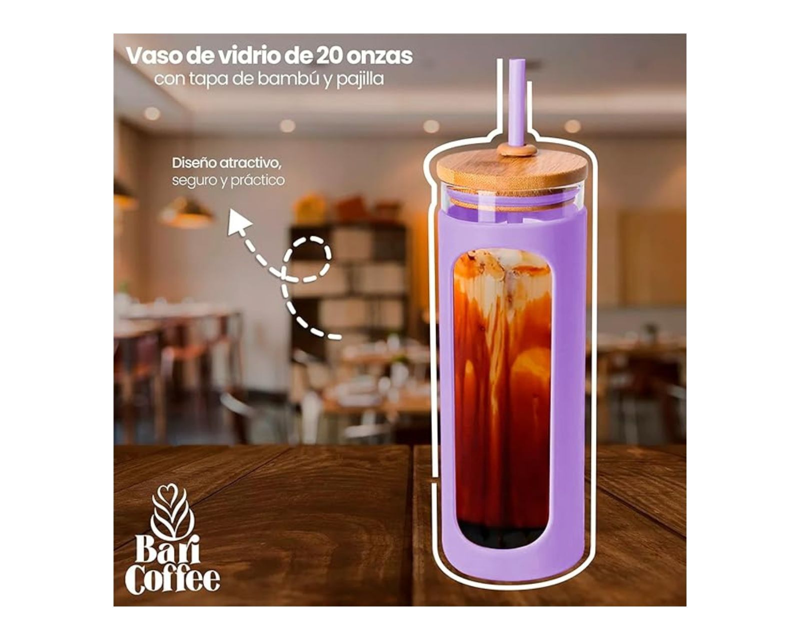 Foto 3 pulgar | Baricoffee Termo Vaso Térmico De Vidrio Para Agua, Café, Caliente O Frío, Popote De Silicona, Funda Protector