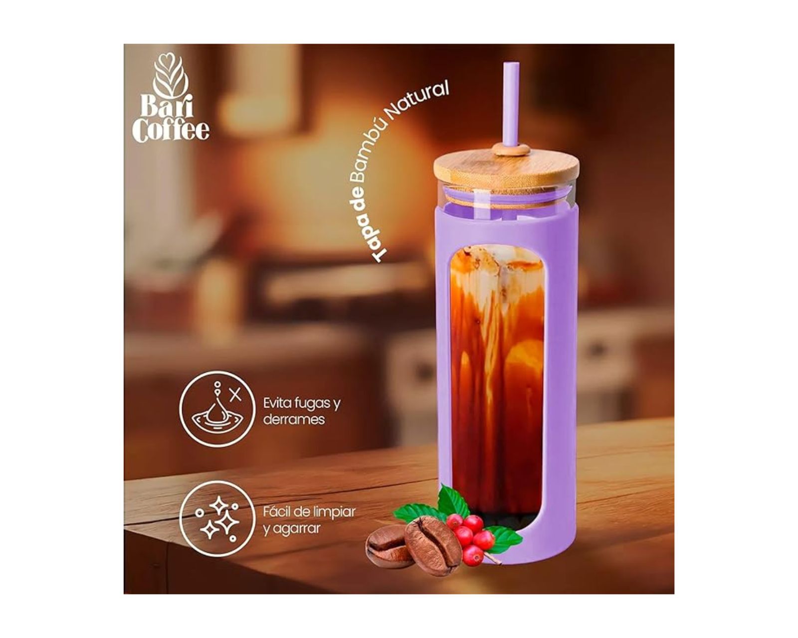 Foto 5 pulgar | Baricoffee Termo Vaso Térmico De Vidrio Para Agua, Café, Caliente O Frío, Popote De Silicona, Funda Protector