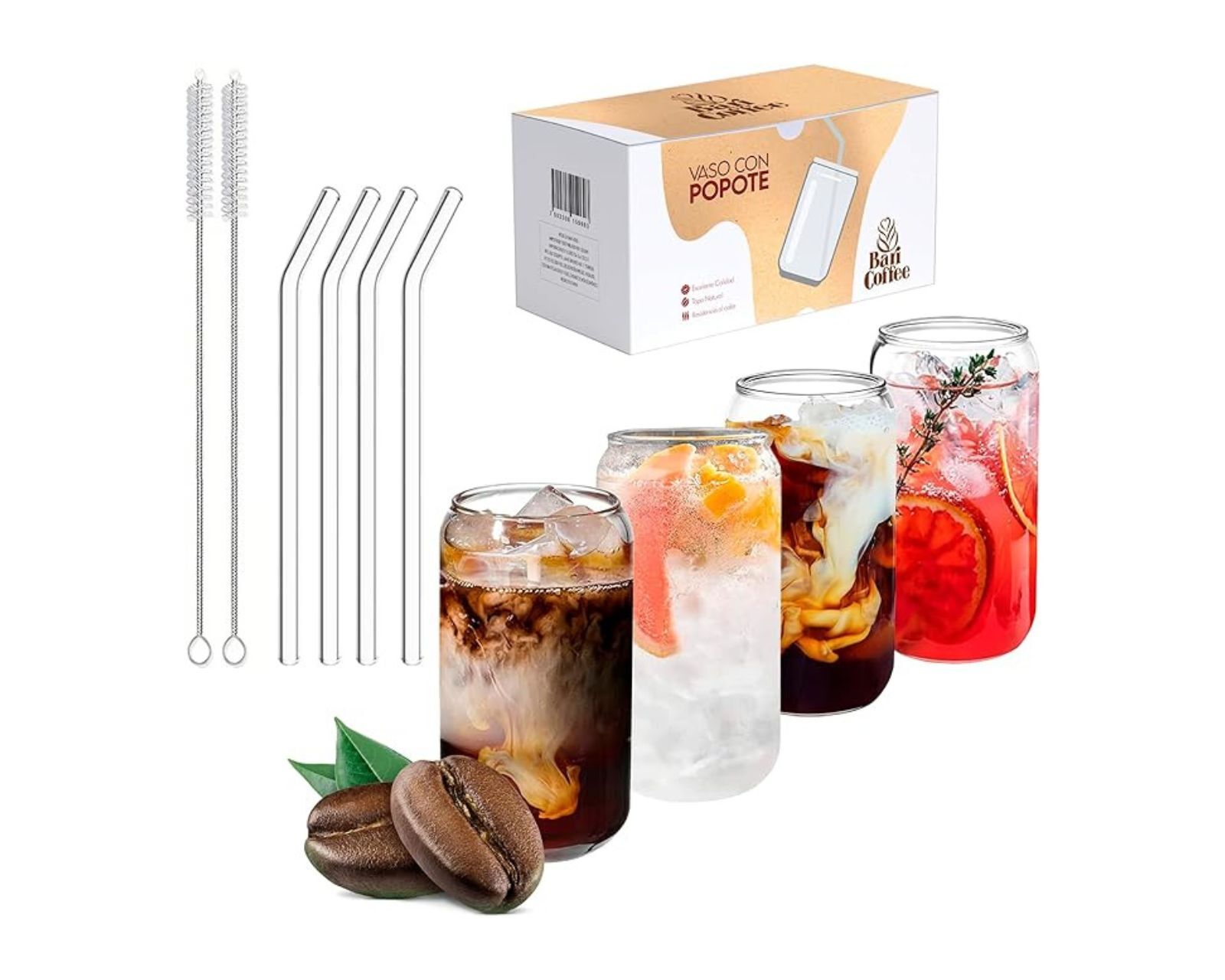 Foto 2 pulgar | Baricoffee Juego De 4 Vasos De Cristal, Vidrio Tapa De Bambú 16 Oz (473.17 Ml), Forma De Lata Vaso, Ideales P