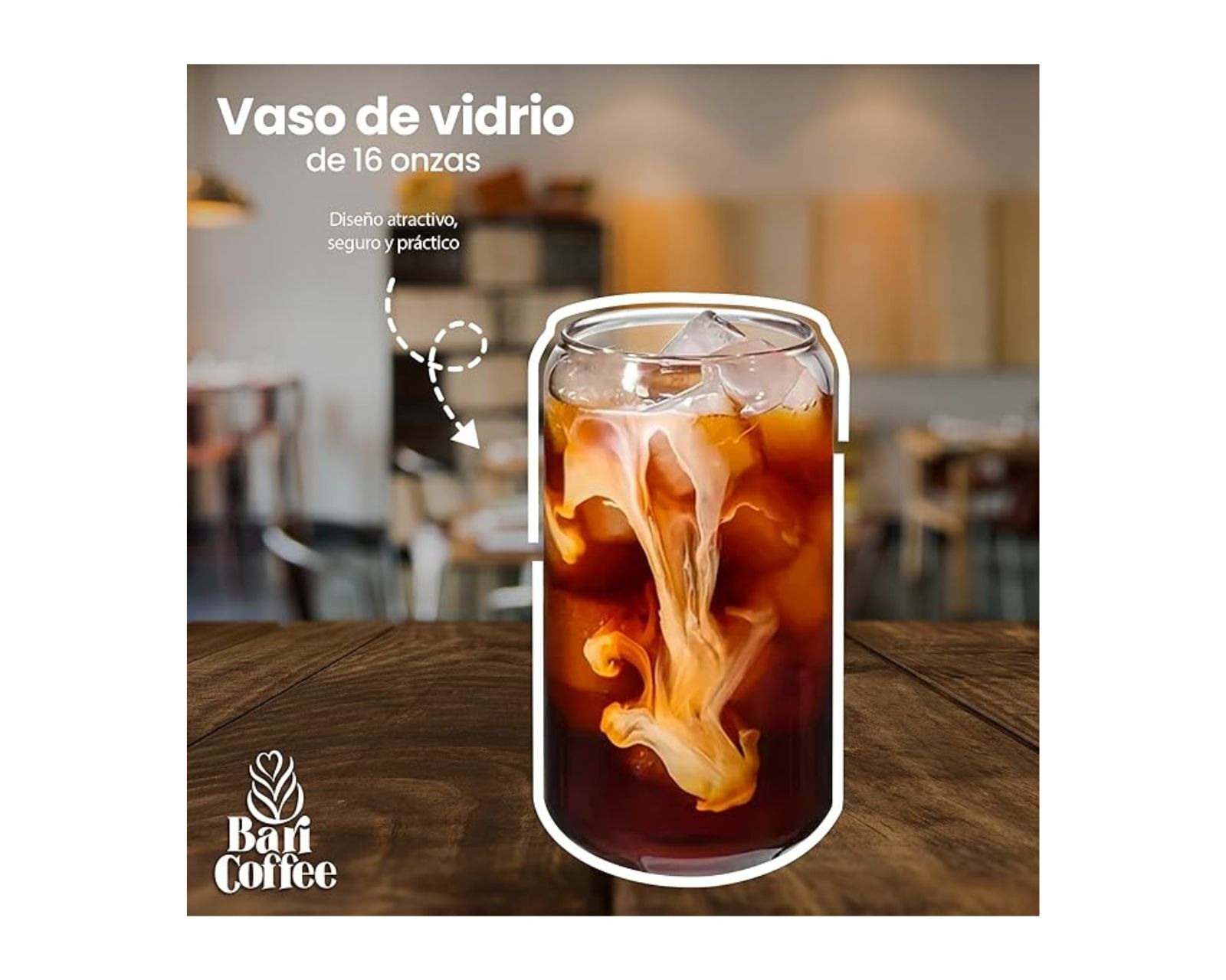 Foto 2 | Baricoffee Juego De 4 Vasos De Cristal, Vidrio Tapa De Bambú 16 Oz (473.17 Ml), Forma De Lata Vaso, Ideales P