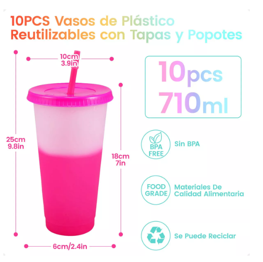 Foto 3 pulgar | Vasos Mágicos Cambian de Color con Tapa y Popote 710 ml 10 pzs