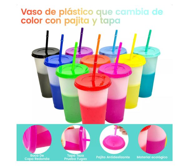 Foto 4 pulgar | Vasos Mágicos Cambian de Color con Tapa y Popote 710 ml 10 pzs