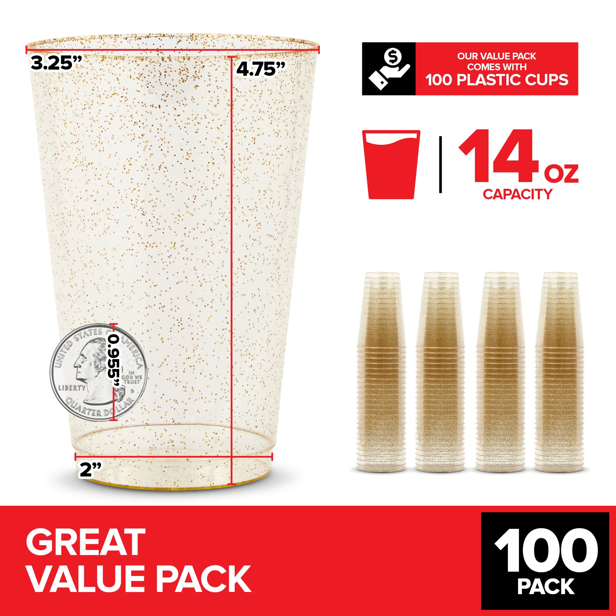 Foto 3 pulgar | Vasos De Plástico Stock Your Home Gold Glitter  400 Ml (paquete De 100) - Venta Internacional.