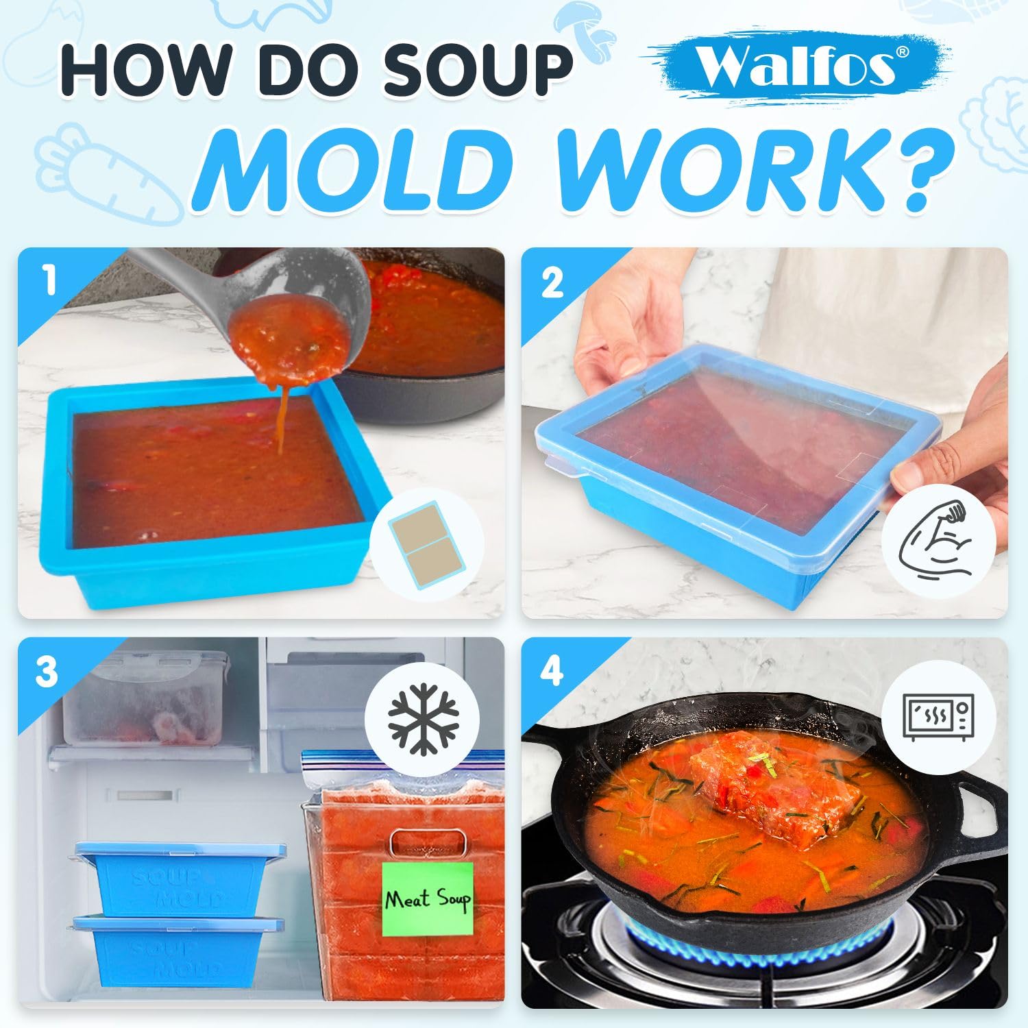 Foto 5 pulgar | Bandeja para Congelador Walfos Silicone con Tapa Azul 4 Unidades - Venta Internacional