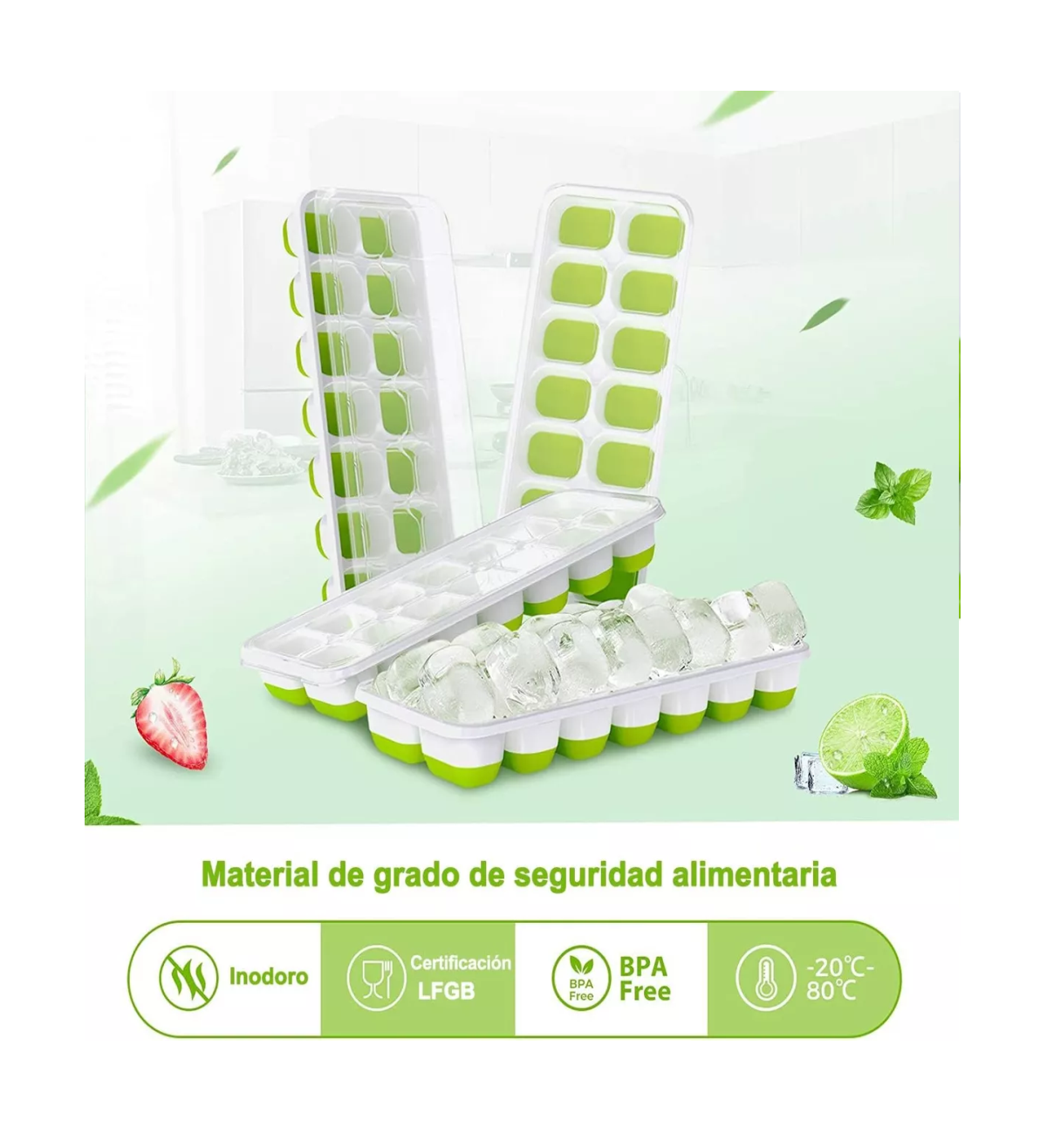 Foto 5 pulgar | Bandejas De Cubitos Hielo, Molde De Hielo Con Tapa, 4 Juego Blanco/verde