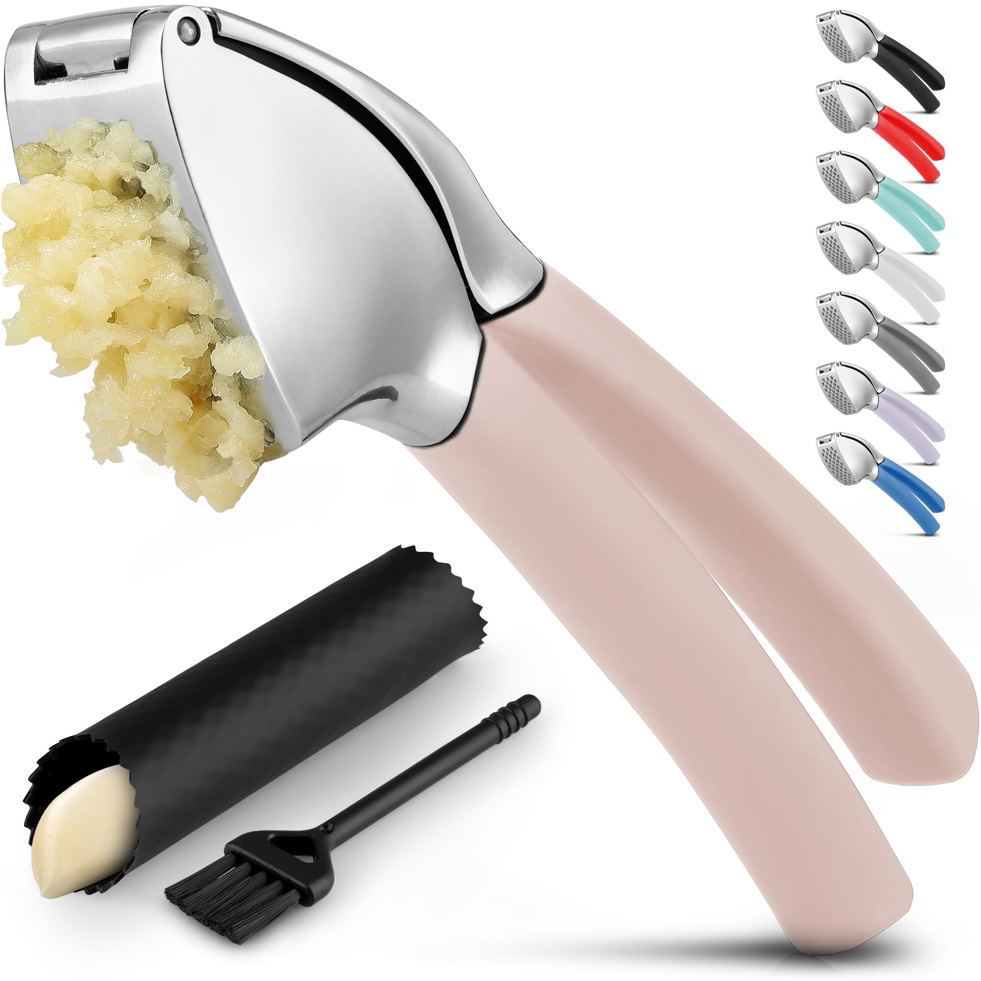Exprimidor De Ajo Zulay Comfort Grip Con Pelador Y Cepillo, Color Rosa - Venta Internacional.