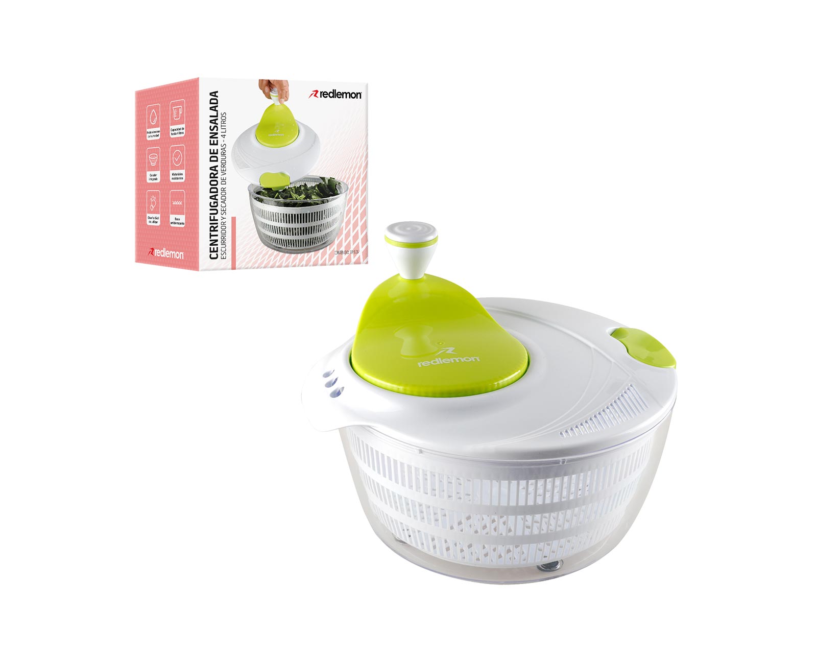 Centrifugadora De Ensalada Con Escurridor Integrado 4 Litros, Redlemon, 81190. Blanco