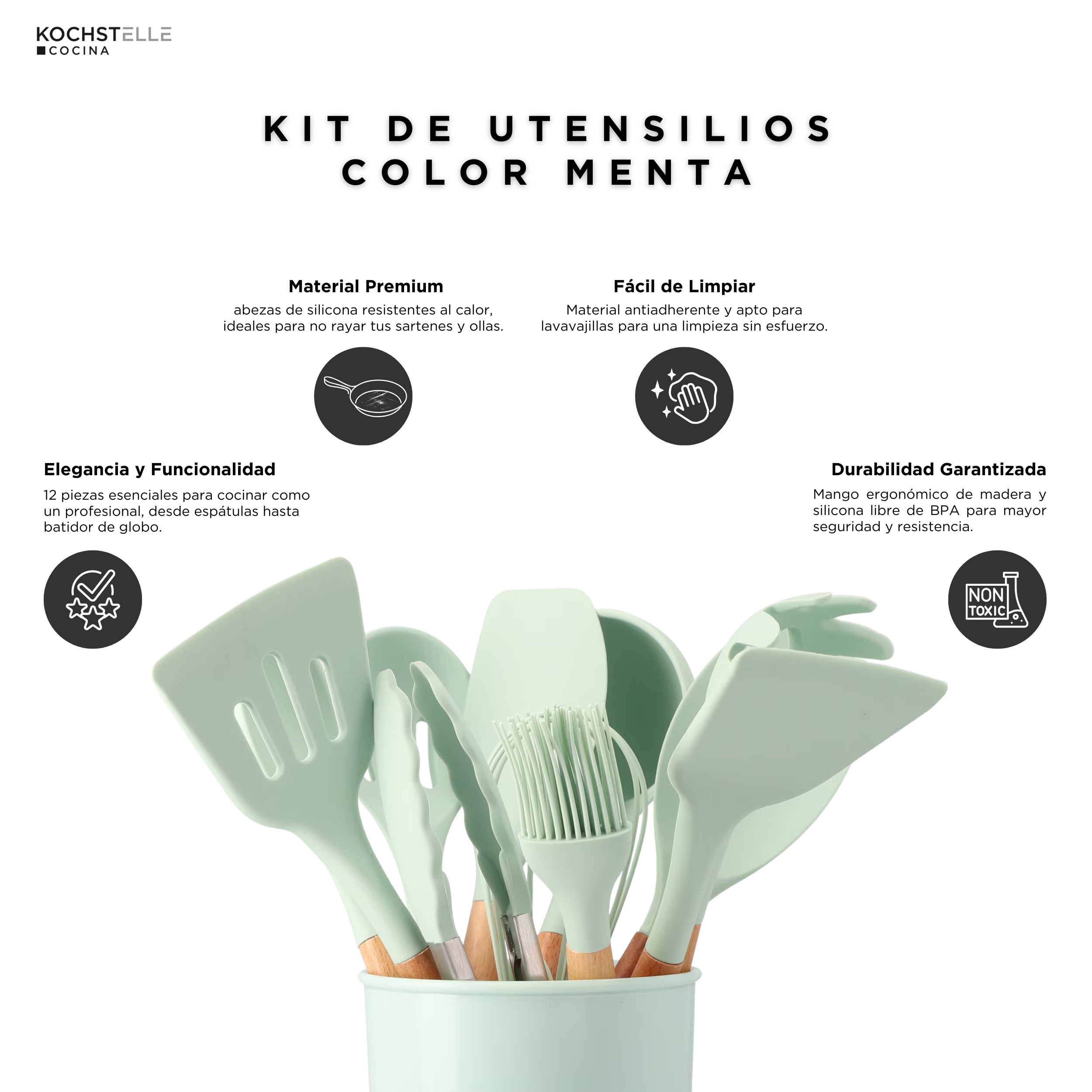 Foto 5 pulgar | KOCHSTELLE Juego de Utensilios de Cocina Color Verde, Silicón con Madera 13 piezas