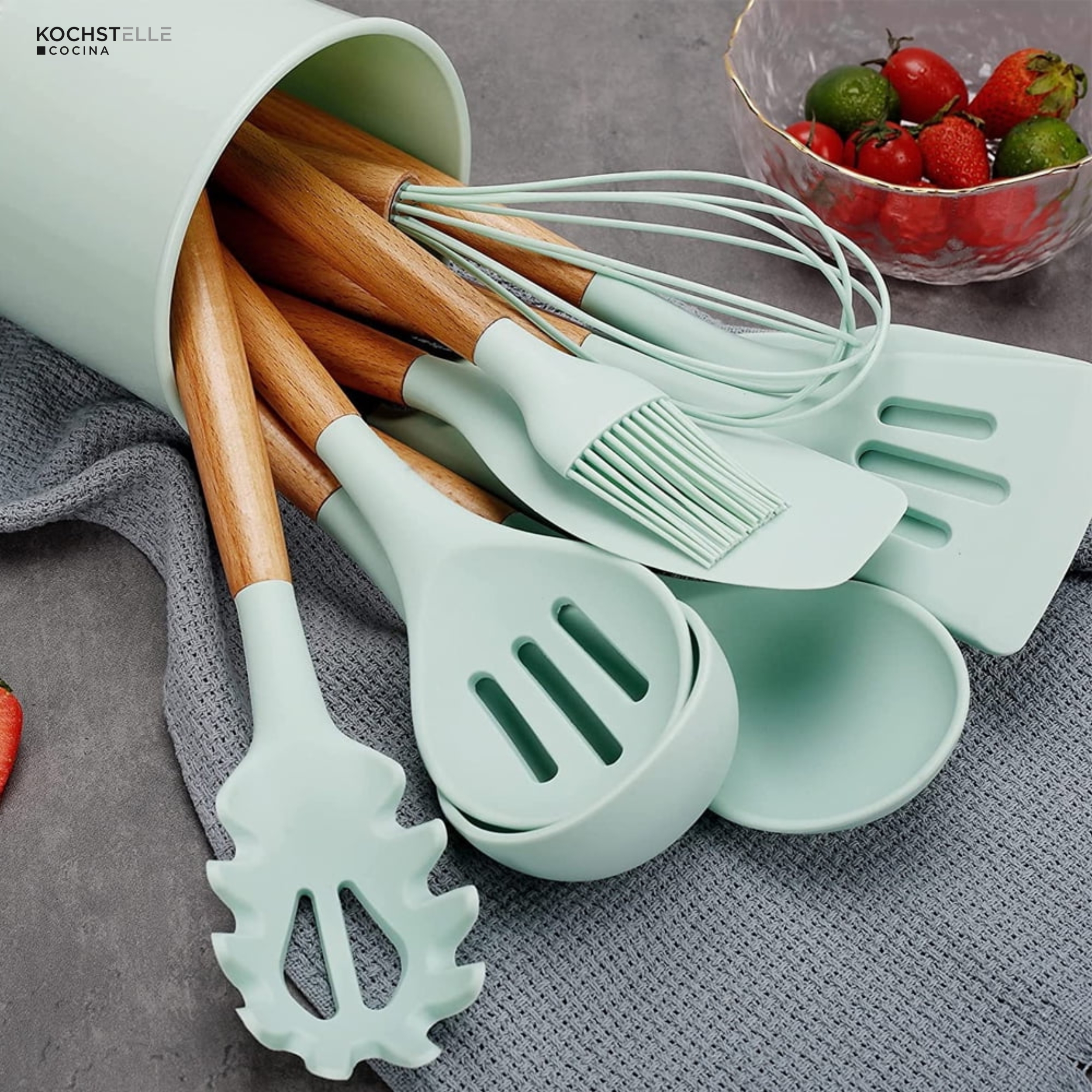 Foto 8 pulgar | KOCHSTELLE Juego de Utensilios de Cocina Color Verde, Silicón con Madera 13 piezas