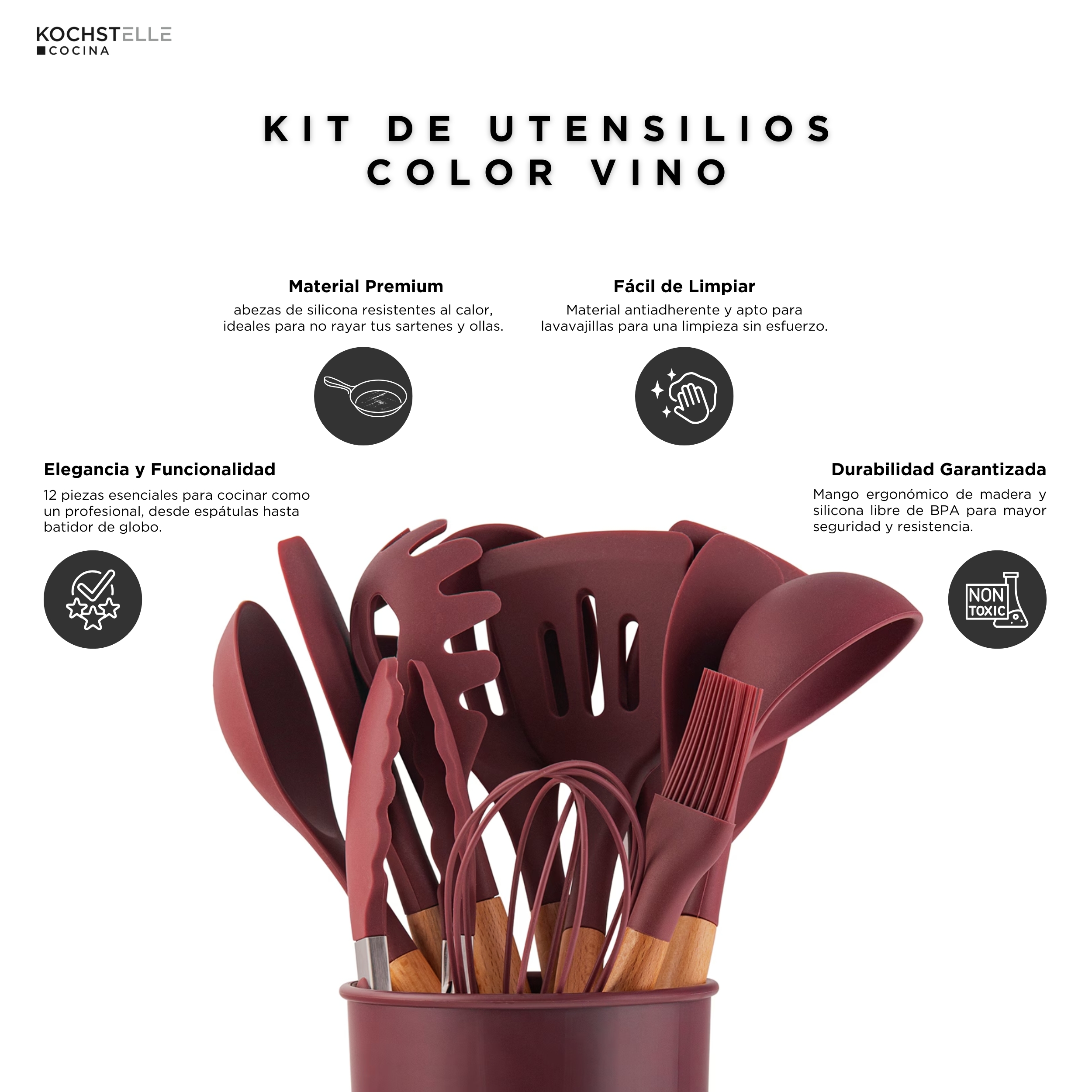 Foto 3 | KOCHSTELLE Juego de Utensilios de Cocina Color Vino, Silicón con Madera 13 piezas