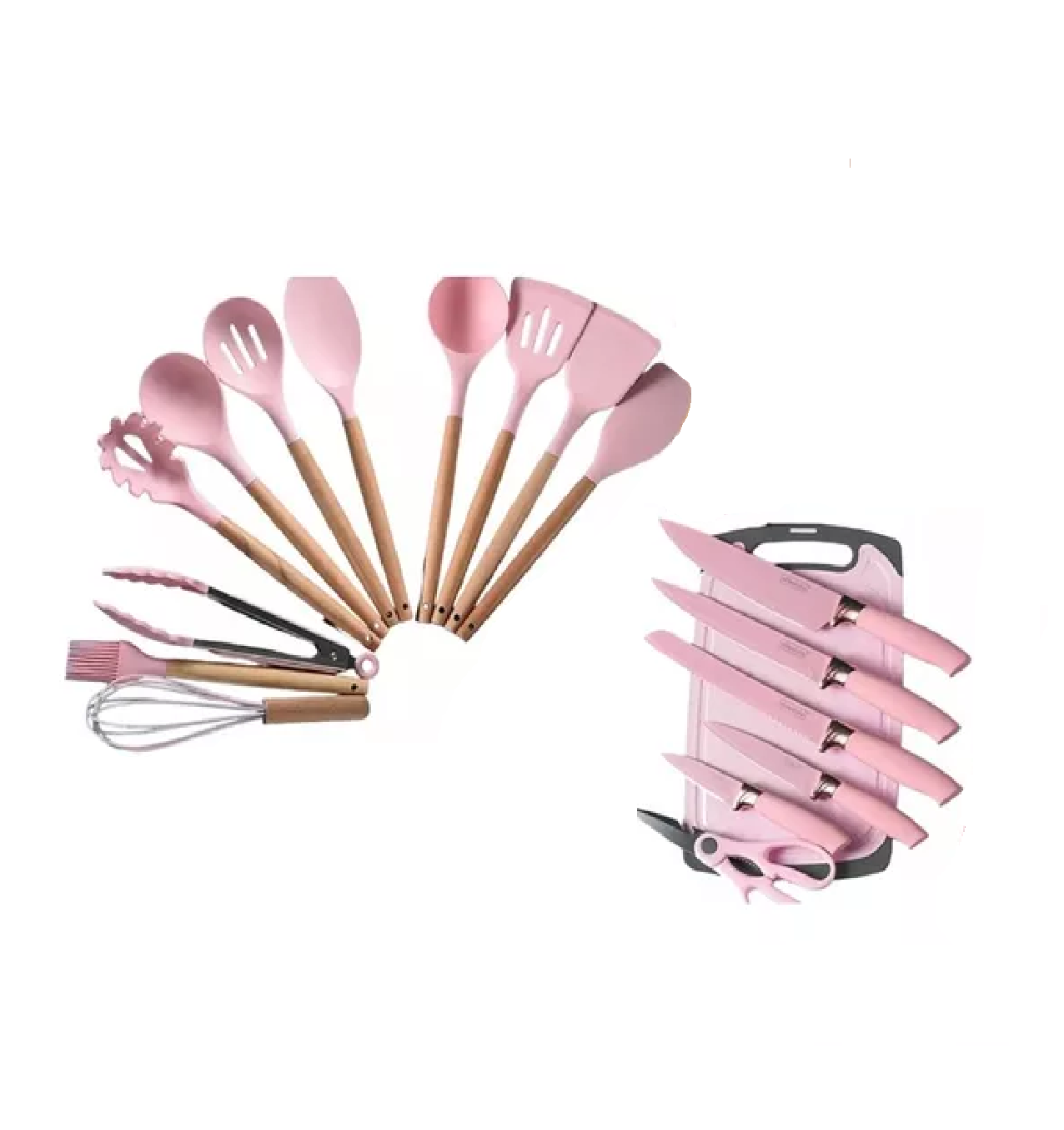 Utensilios de Silicona para Cocina + Juego de Cuchillos 19 Piezas color Rosa