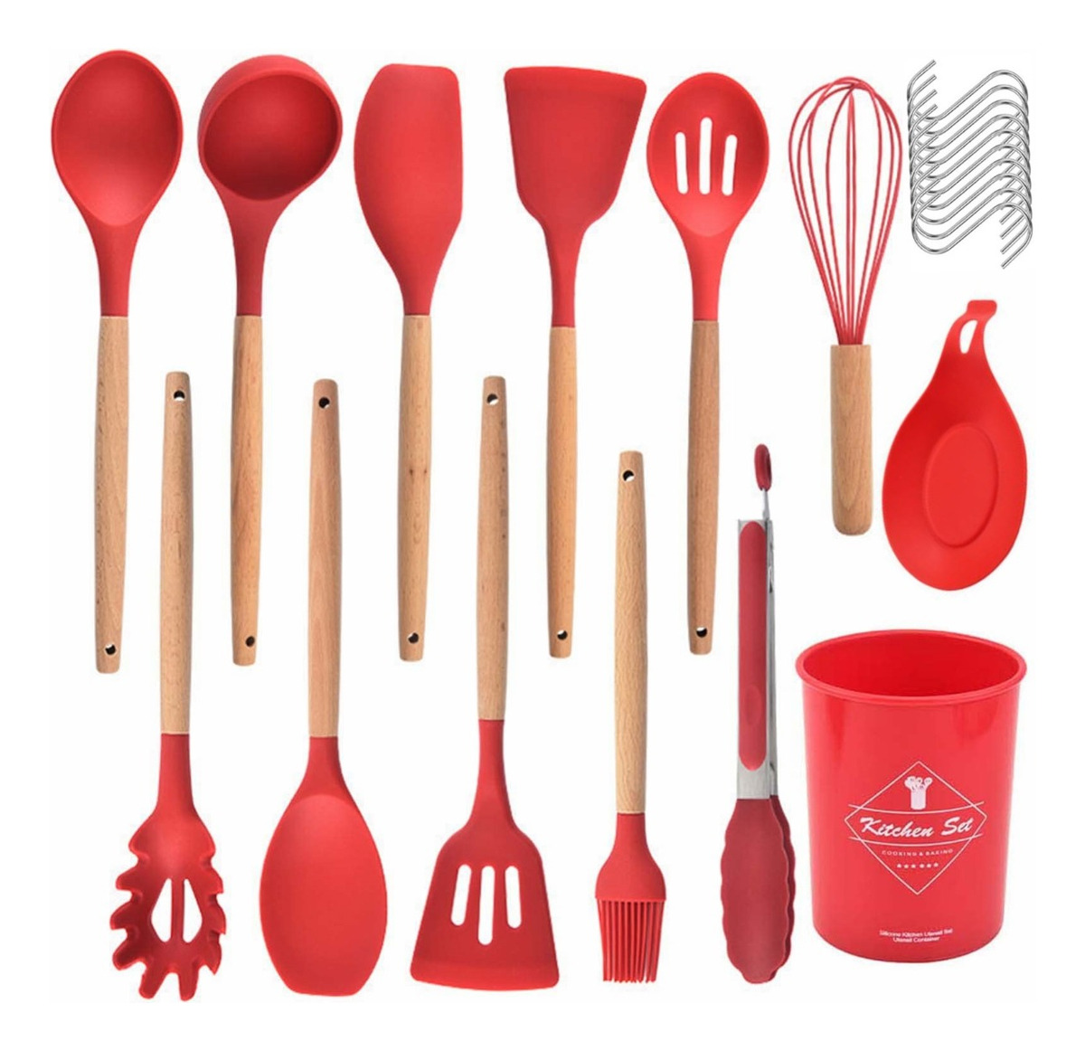 Utensilios Silicona Cocina Espátula Batidor Volteador Pinzas Rojo