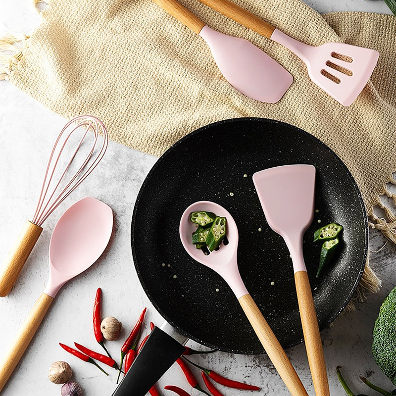Foto 6 pulgar | Venta Internacional - Juego de Utensilios de Cocina Silicona Antiadherente Rosas
