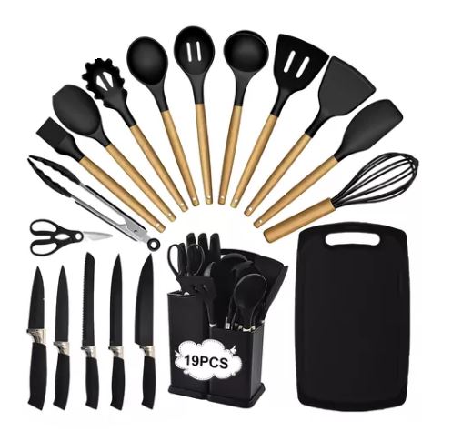 Juego De Utensilios Cocina De Silicona & Juego De Cuchillos, Negro 19pcs