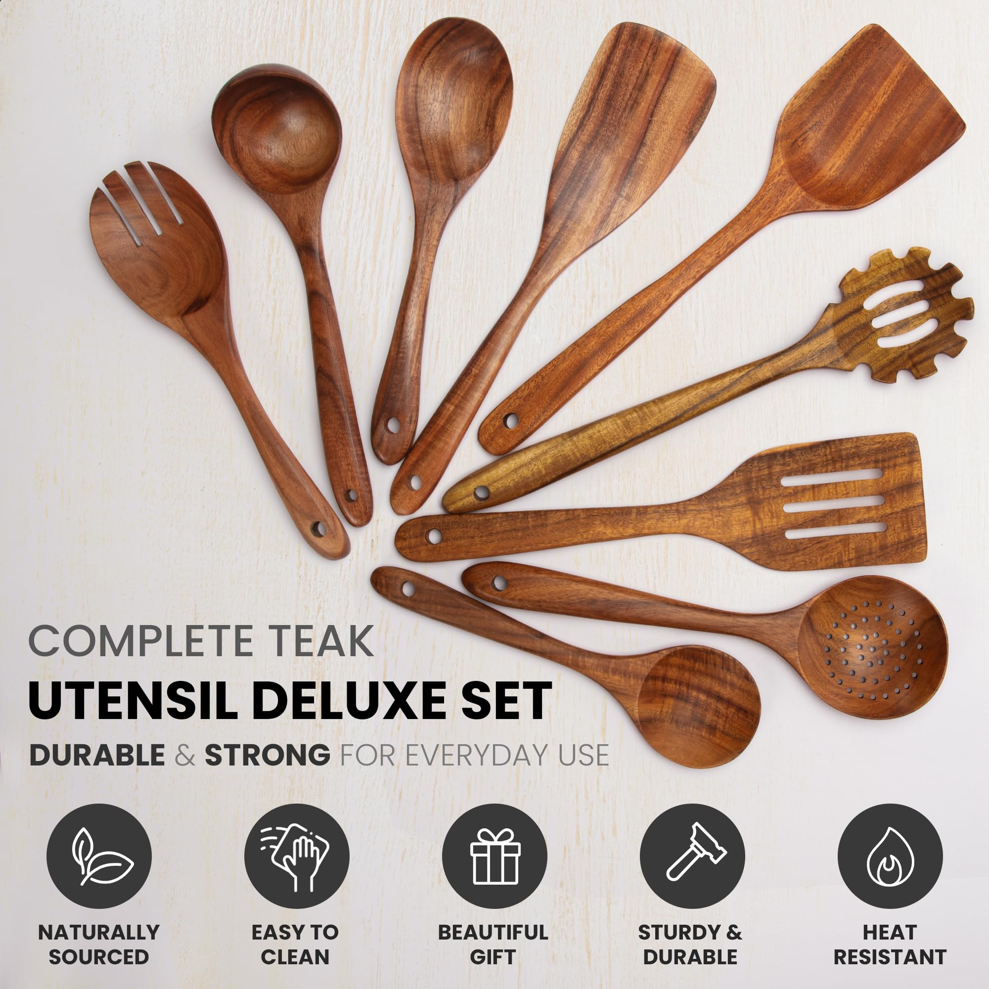 Foto 5 pulgar | Juego De Utensilios Zulay Kitchen, Madera De Teca, 9 Piezas Con Caja De Regalo - Venta Internacional.