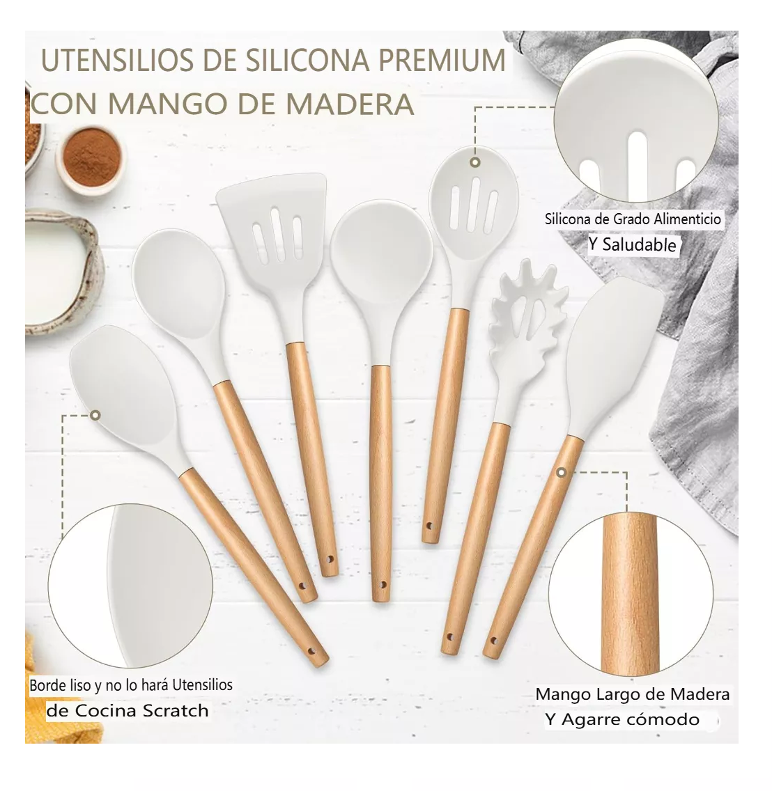 Foto 5 pulgar | Set De Utensilios Para Cocina Utensilios De Silicon Cocina 14 Psz Beige