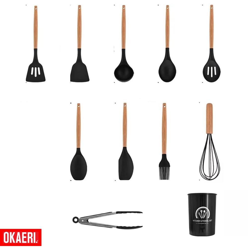 Foto 5 pulgar | Juego de Cucharas Okaeri Negro de Silicona 11 Piezas