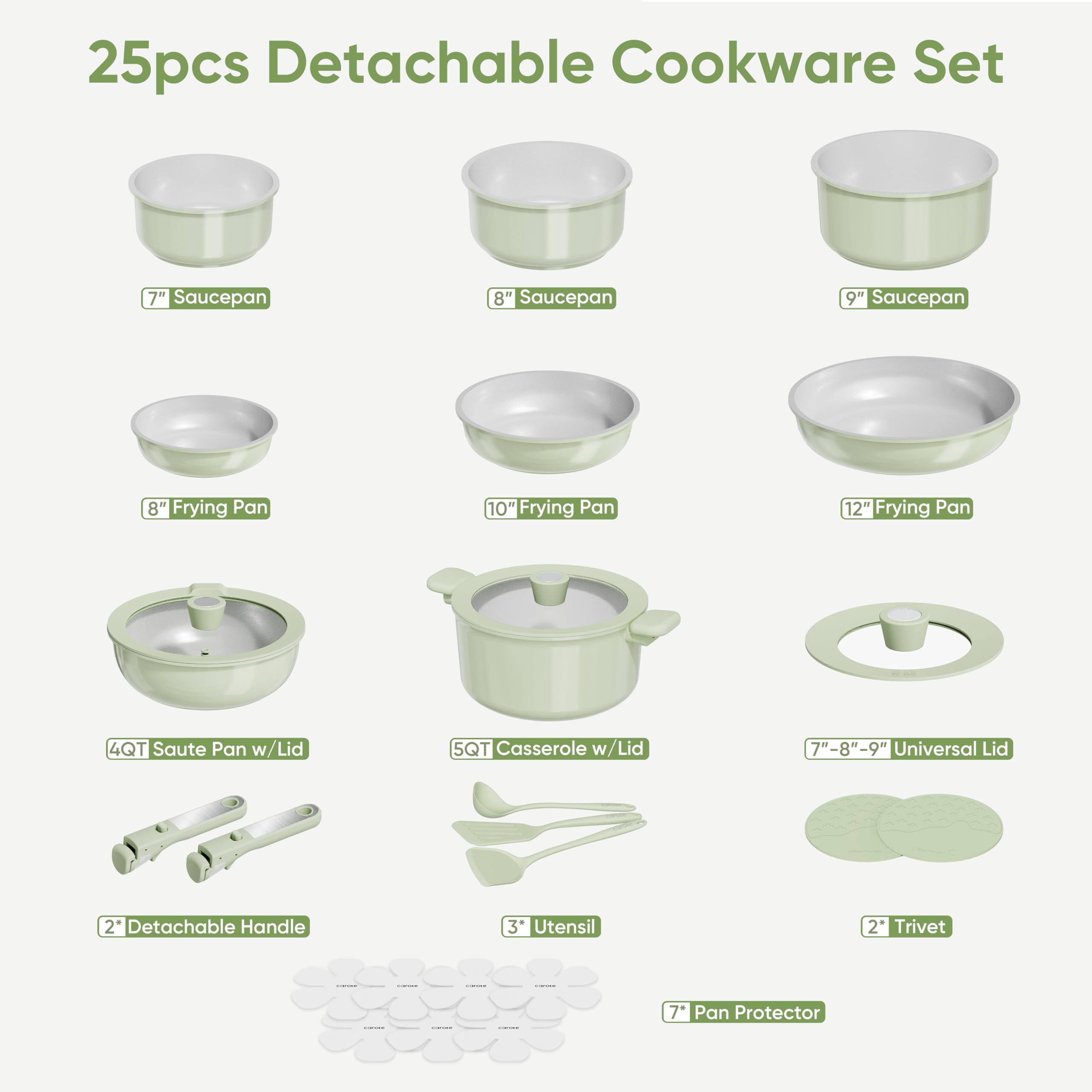 Foto 2 | Juego De Utensilios De Cocina Carote, Cerámica, Antiadherente, 25 Piezas, Color Verde Inducción - Venta Internacional.