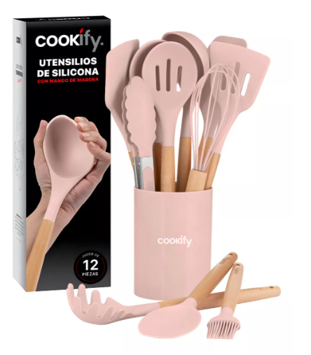 Foto 2 pulgar | Set 12 Utensilios De Cocina Xtellar De Silicona Y Madera Color Rosa