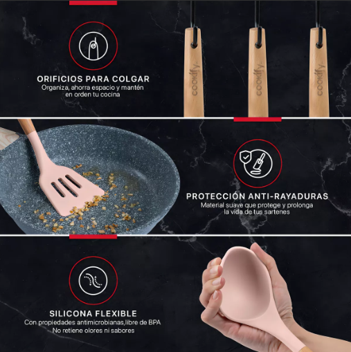 Foto 4 pulgar | Set 12 Utensilios De Cocina Xtellar De Silicona Y Madera Color Rosa