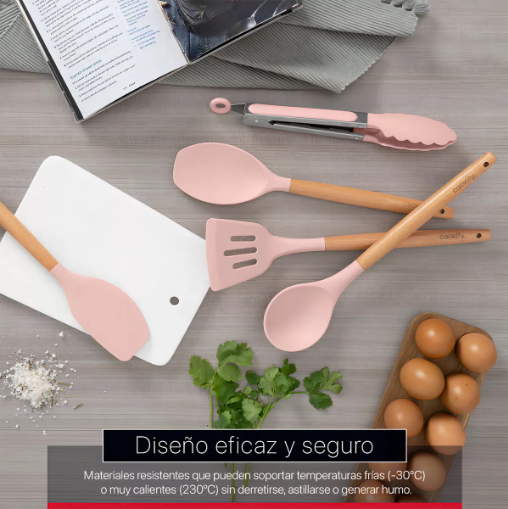 Foto 5 pulgar | Set 12 Utensilios De Cocina Xtellar De Silicona Y Madera Color Rosa