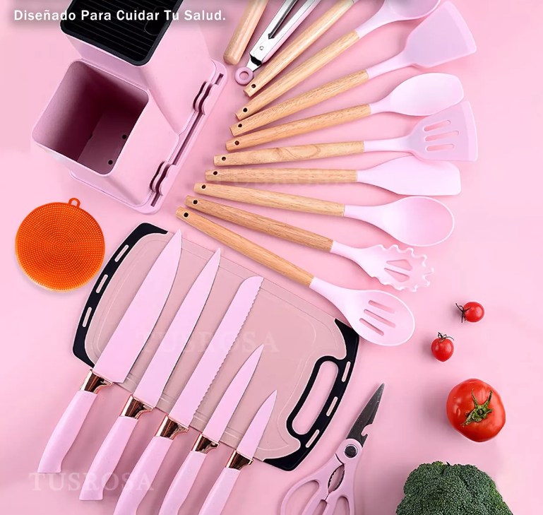 Foto 4 | Juego De Utensilios Xtellar Cocina De Silicona & Cuchillos 19 Piezasmodelo Rosa