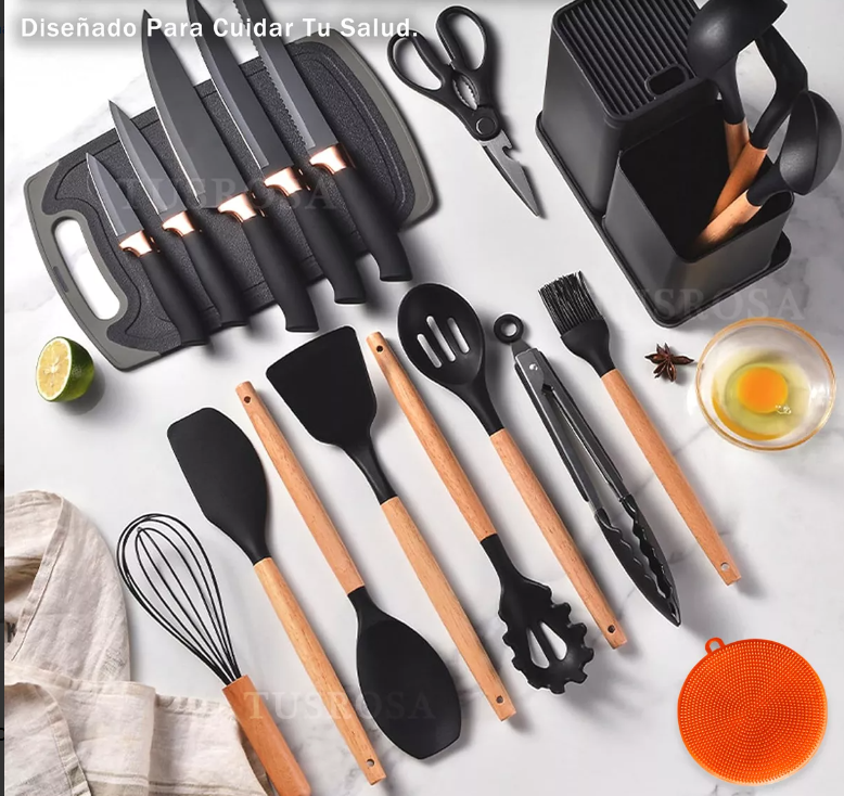 Foto 3 | Juego De Utensilios Cocina De Silicona & Cuchillos 19 Piezasxtellar Modelo Negro