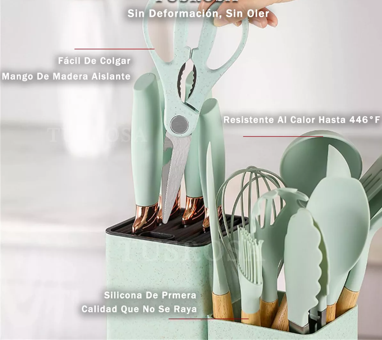 Foto 3 | Juego De Utensilios Xtellar Cocina De Silicona & Cuchillos 19 Piezasmodelo Turquesa