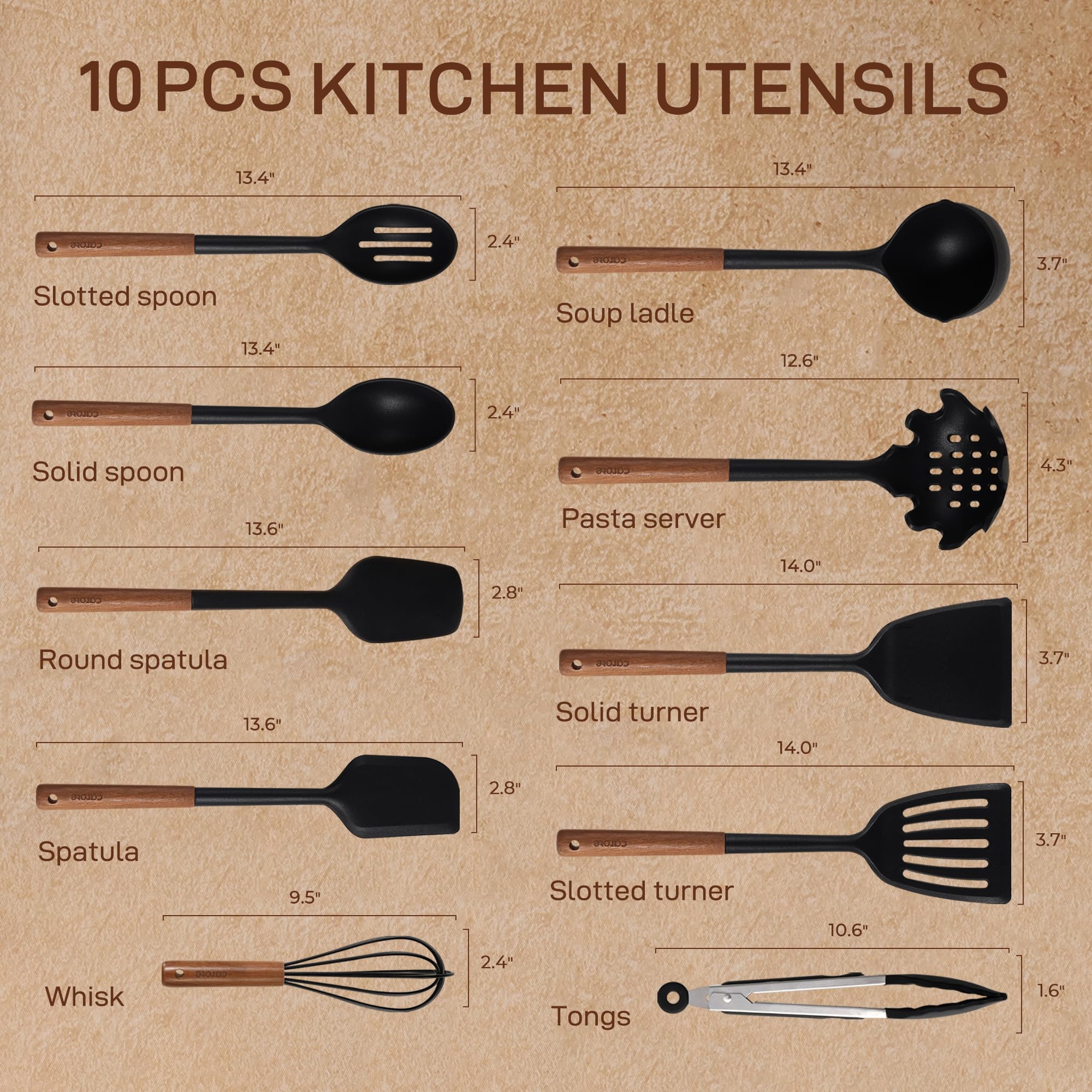 Foto 2 | Juego De Utensilios De Cocina Carote De Silicona Con Mango De Nogal, 10 Unidades - Venta Internacional.
