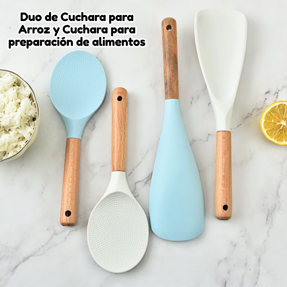 Foto 2 | Duo Cuchara Y Pala Cocina Arroz Alimentos Silicona Y Madera