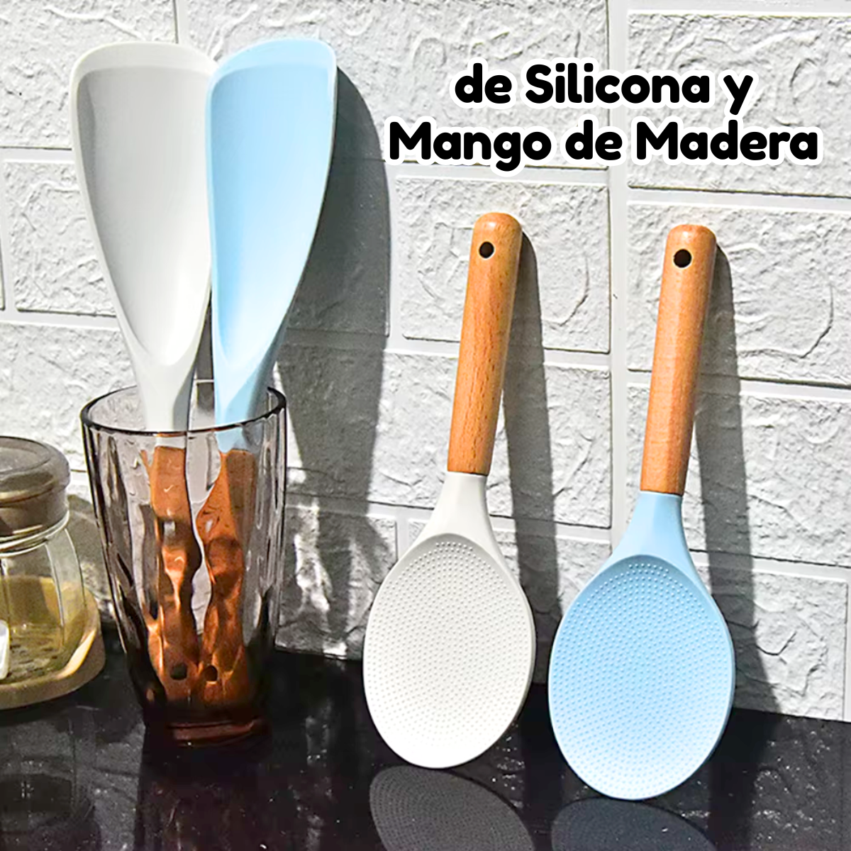 Foto 4 pulgar | Duo Cuchara Y Pala Cocina Arroz Alimentos Silicona Y Madera
